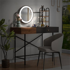 HAOYYE GO 40" Makeup Vanity Desk with 3-Mode Lighted Mirror & Wireless Charging Station , Vanity Table with Drawer & 3 Open Shelves for Ample Storage Space, Dressing Table for Bedroom, Black