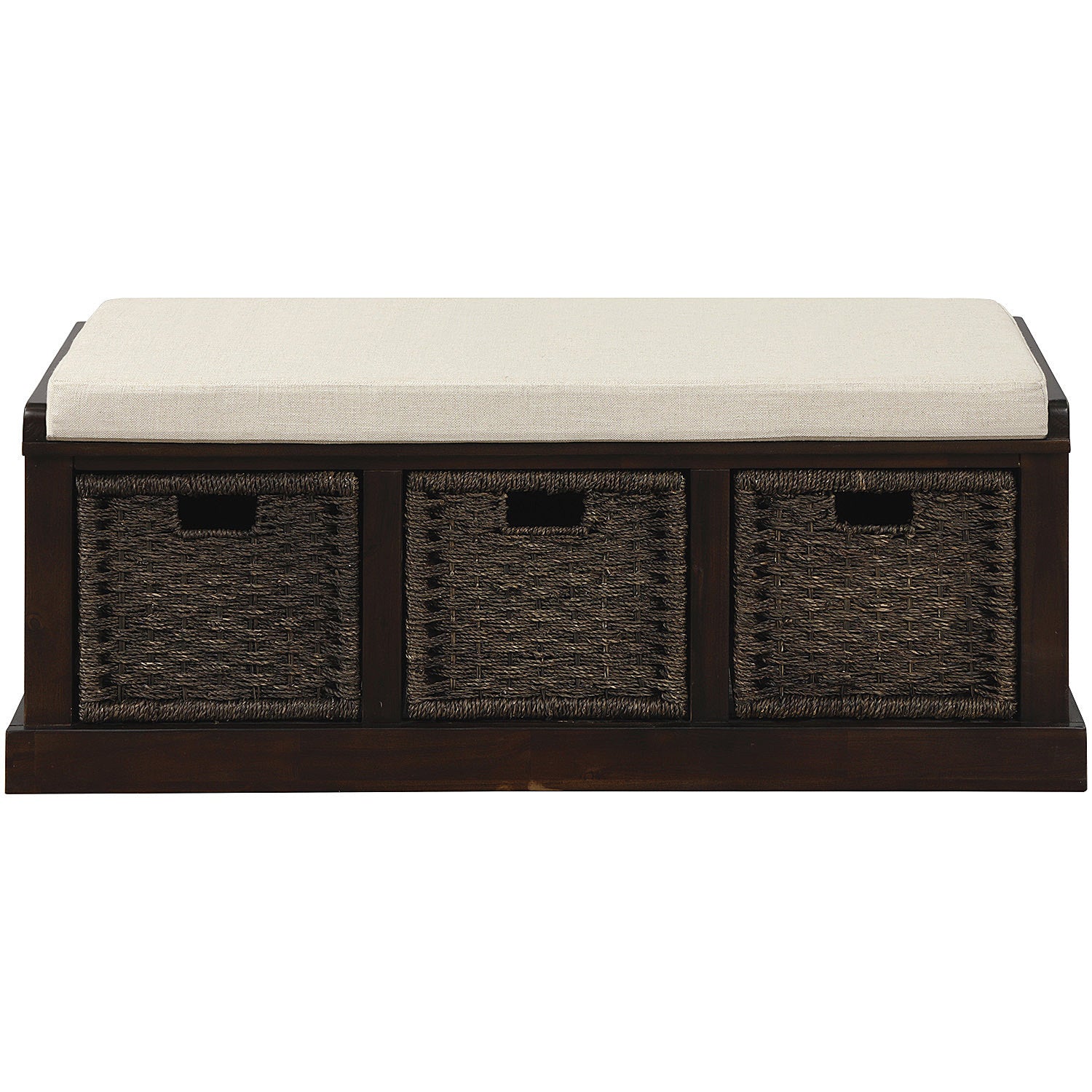 HAOYYE Rustic Storage Bench with 3 Removable Classic Rattan Basket , Entryway Bench with Removable Cushion (Espresso) Sturdy Space-Saving Heavy Duty Modern Design Easy Assembly Durable Stylish