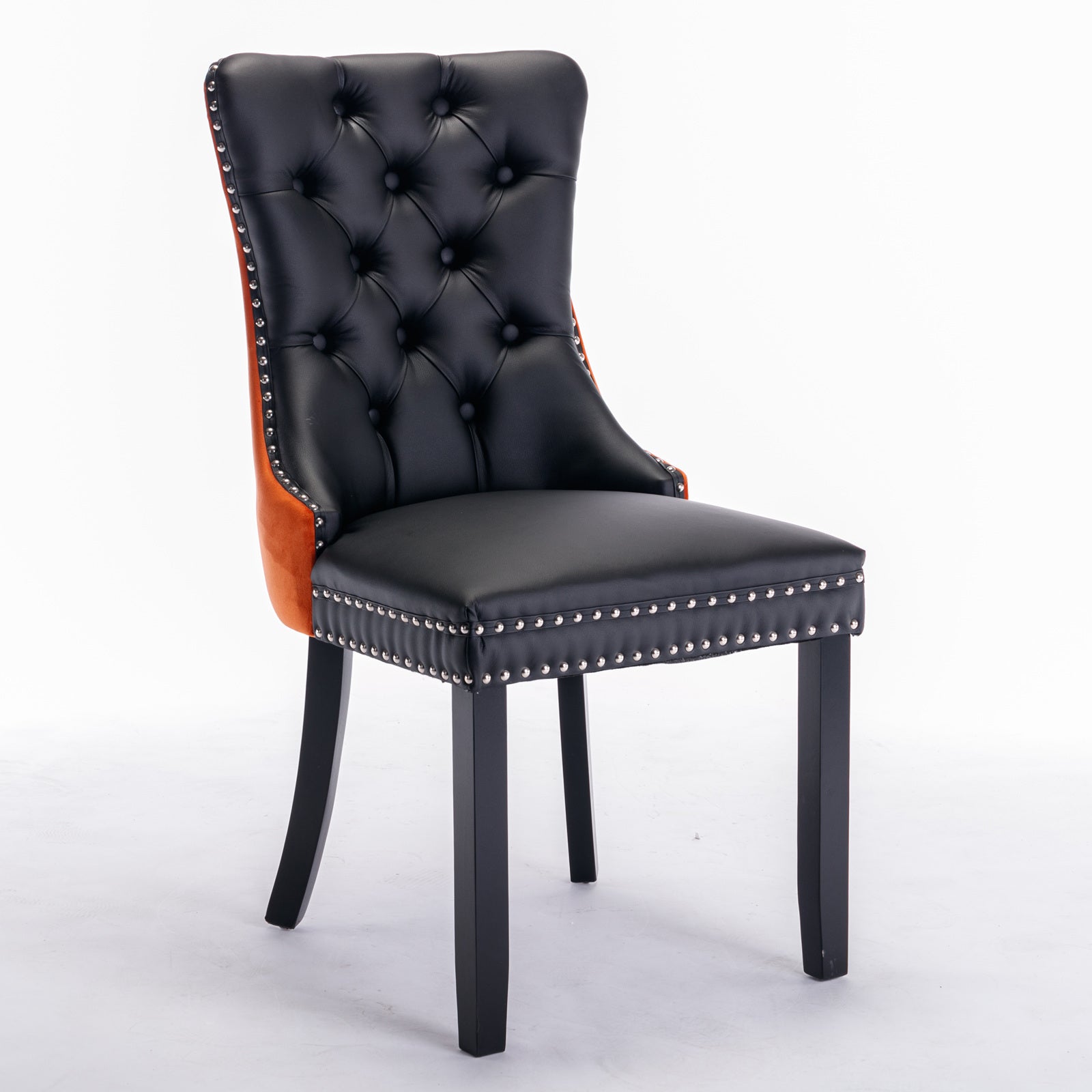 HAOYYE Nikki Collection Modern, High-end Tufted Solid Wood Contemporary PU and Velvet Upholstered Dining Chair with Wood Legs Nailhead Trim 2-Pcs Set lack+Orange, SW2101BO Sturdy Space-Saving
