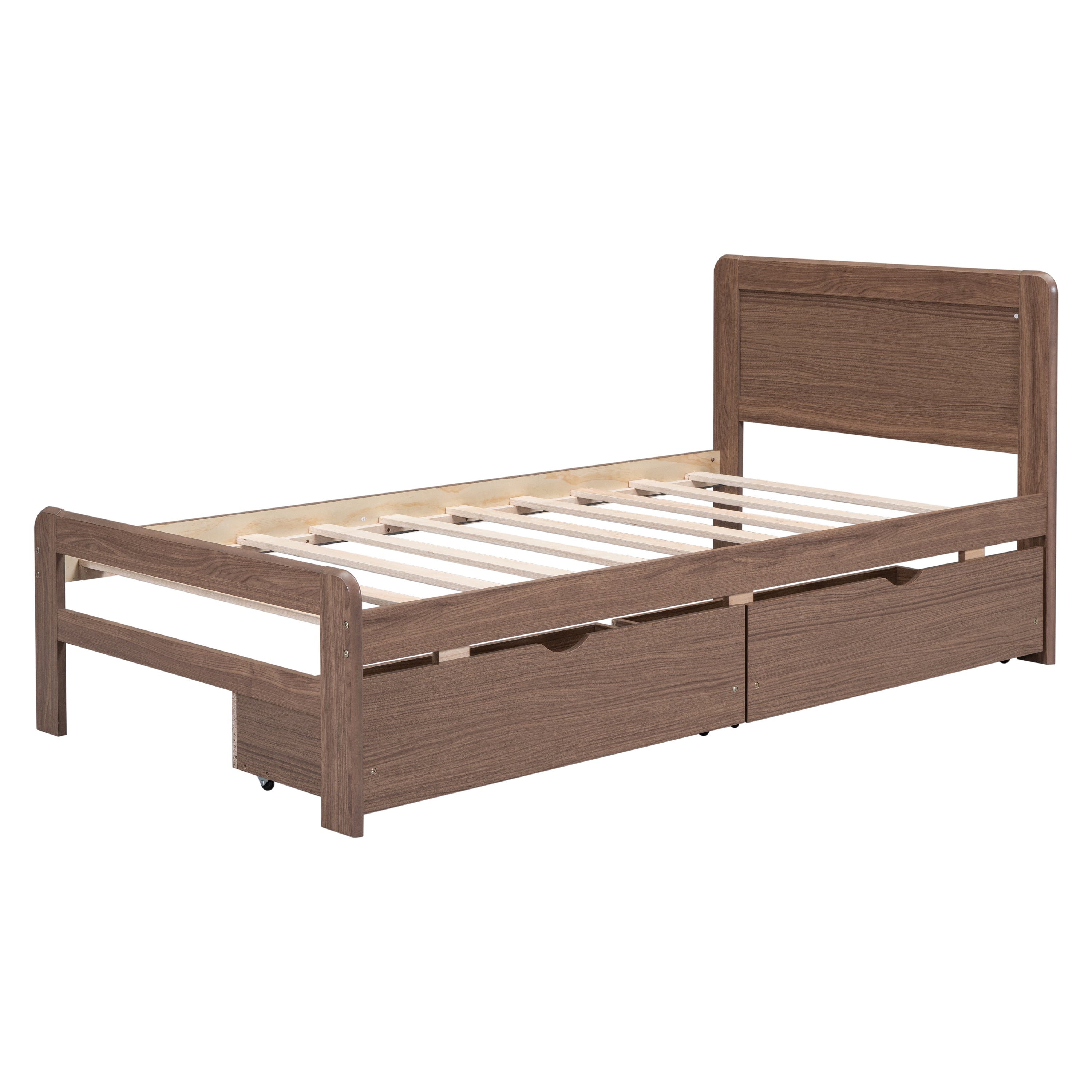 HAOYYE Modern Twin Size Platform Bed Frame With 2 Drawers, Walnut Finish, Space-Saving Heavy Duty Construction, Ideal For Adults And Dorm Rooms, Easy Assembly Bedroom Furniture