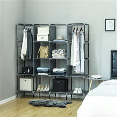 DE Direct HAOYYE Portable Clothes Closet Wardrobe with 12 Storage Shelves and 4 Side Pockets for Bedroom Entryway Garage Fabric Clothes Organizer with Zippered Cover Dustproof Freestanding Clothes Storage Rack