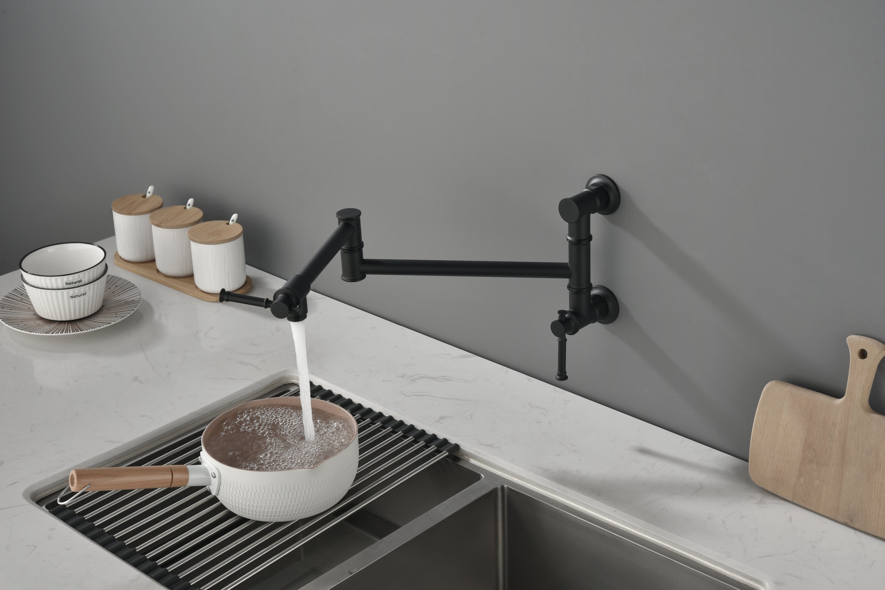 HAOYYE Wall mounted Pot Filler Faucet, Modern Brass Pot Filler Two-Attachment Wall Mount Folding Kitchen Pot Filler Swing Arm Sturdy Space-Saving Heavy Duty Modern Design Adults Dorm Room Easy Assembly