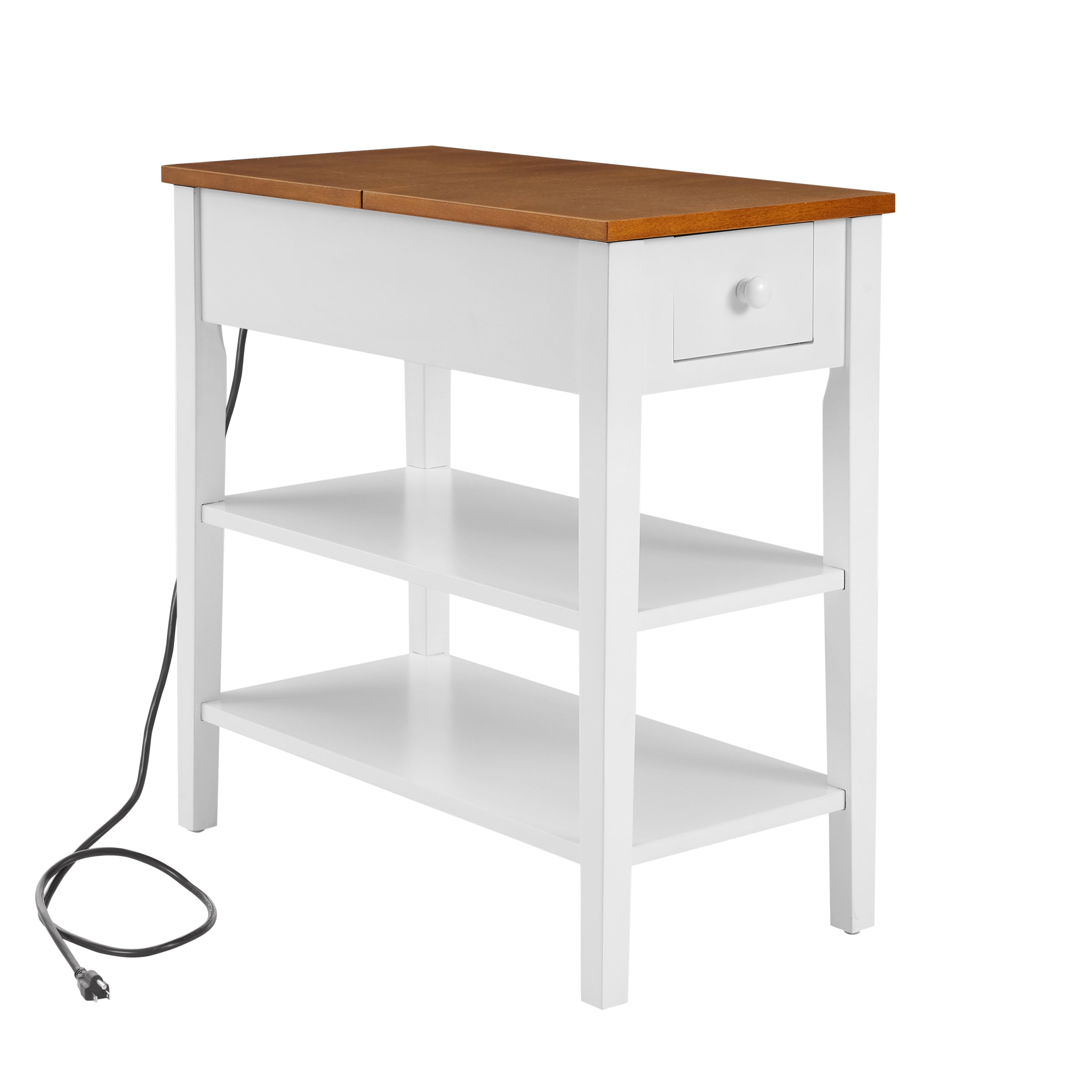 HAOYYE Narrow 2-tone End Table with USB Charging Ports for Small Space, SOLID WOOD Table Legs, White and Walnut, 11.8"W*24"D*24.2"H Sturdy Space-Saving Heavy Duty Modern Design Adults Dorm Room