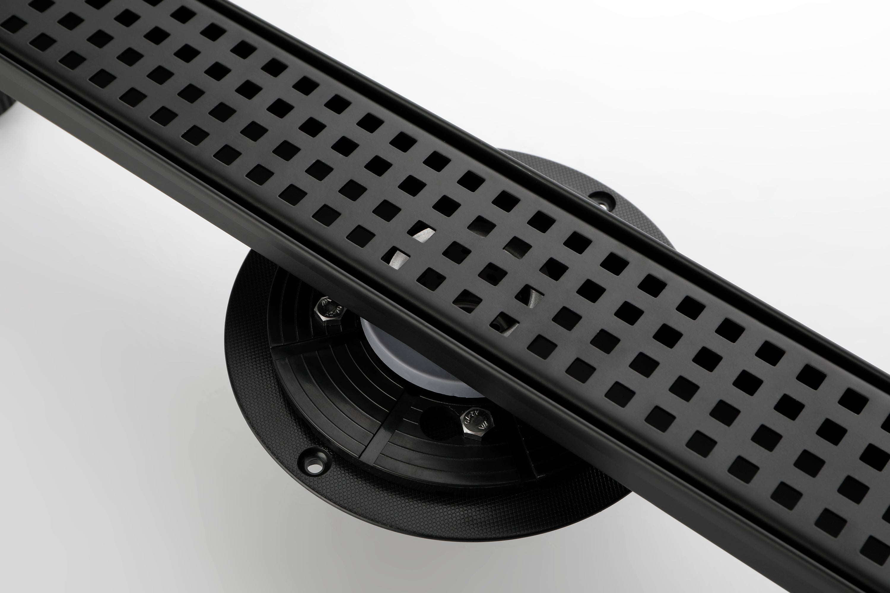 HAOYYE Linear Shower Drain with Removable Quadrato Pattern Grate, 304 Stainless Shower Drain Included Hair Strainer and Leveling Feet Sturdy Space-Saving Heavy Duty Modern Design Adults Dorm Room