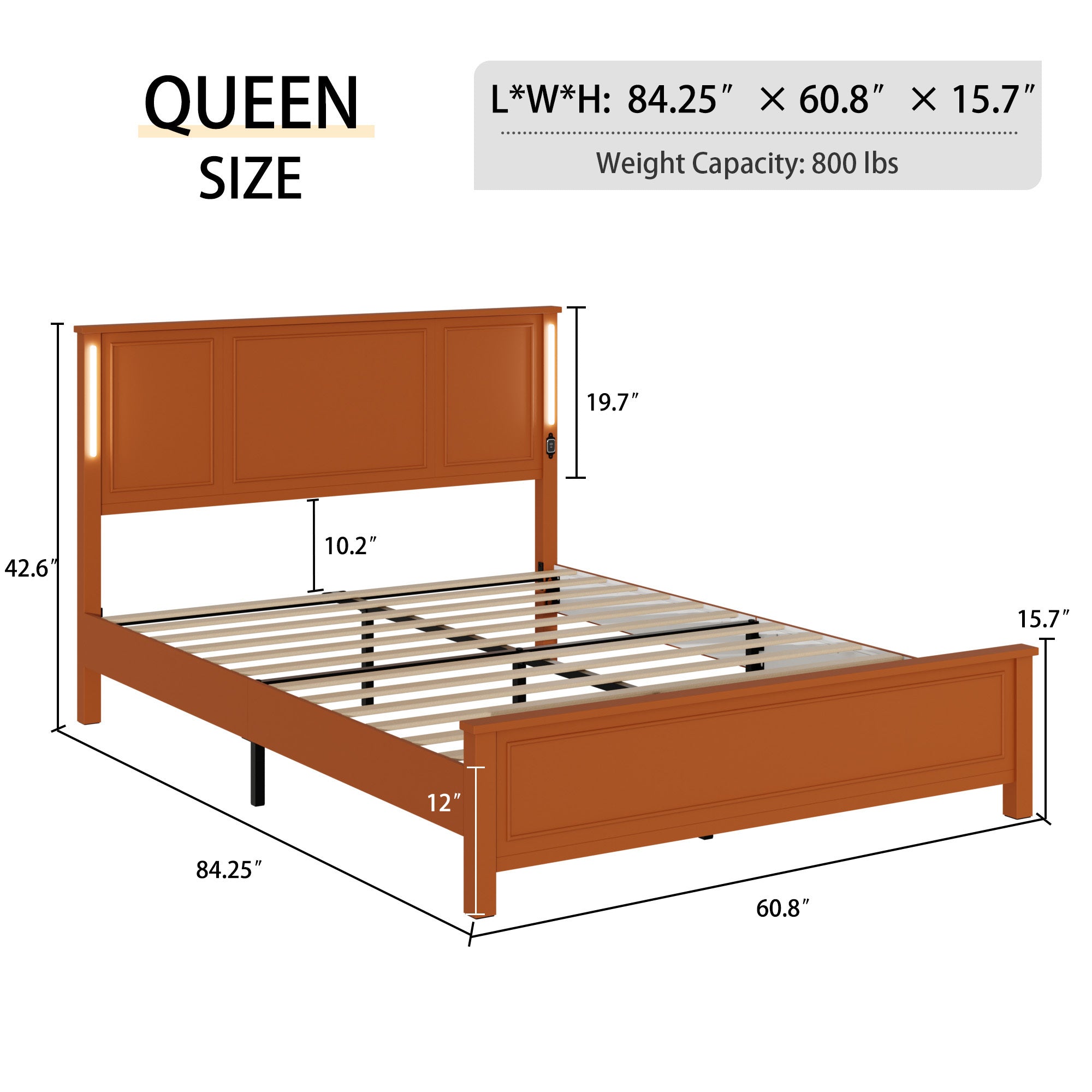 HAOYYE Queen Size Bed Frame, Platform Bed Frame with Wood Headboard and Footboard,Charging Station and LED Lights, 12 Wood Slats Support, No Box Spring Needed , Brown Sturdy Space-Saving Heavy Duty