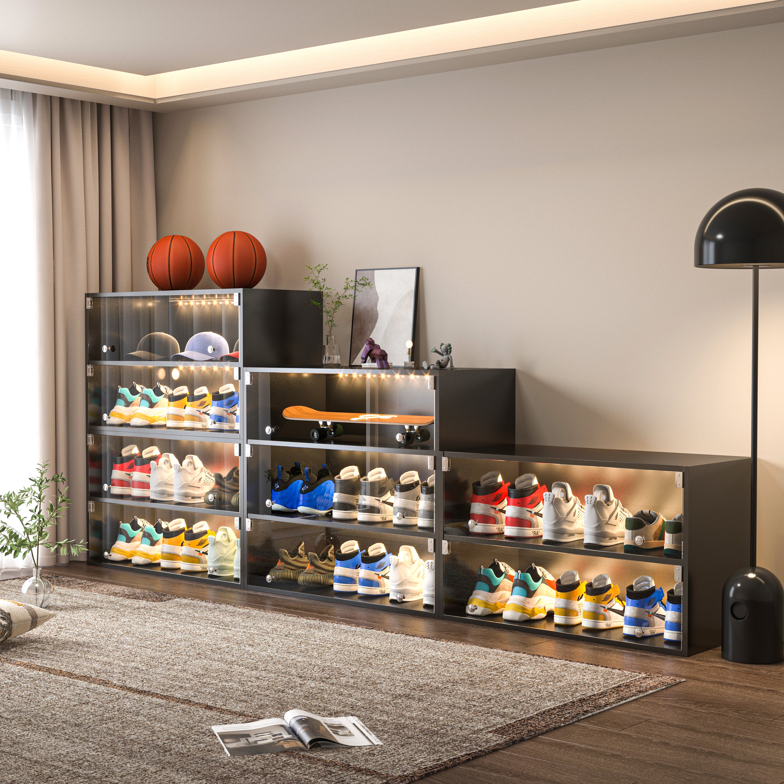 Haoyye Black Glass Door Shoe Storage Cabinet with RGB LED Light, Modern Sneaker Display Case with App Control and USB Power, Stackable Organizer for Bedroom or Entryway