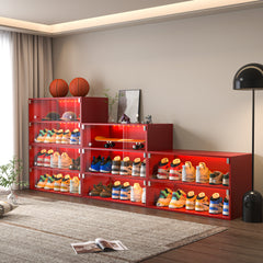 HAOYYE Red LED Light Shoe Box, 3 Layers with Glass Doors, Sturdy Space-Saving Heavy Duty Design for Sneaker Storage, Modern Design for Dorm Rooms, Bedrooms, and Closets, Easy Assembly