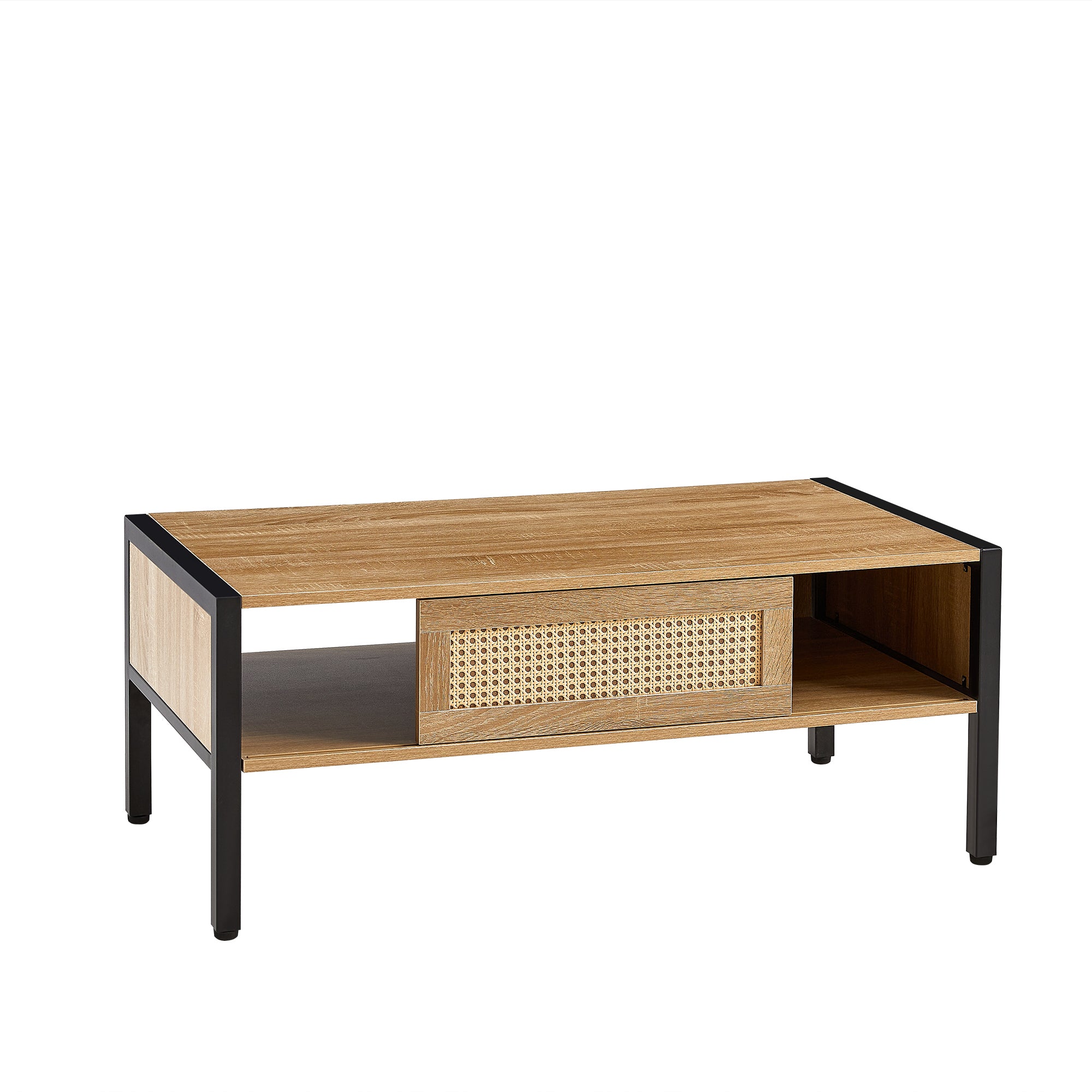 HAOYYE 40.16" Rattan Coffee table, sliding door for storage, metal legs, Modern table for living room , natural Sturdy Space-Saving Heavy Duty Modern Design Adults Dorm Room Easy Assembly