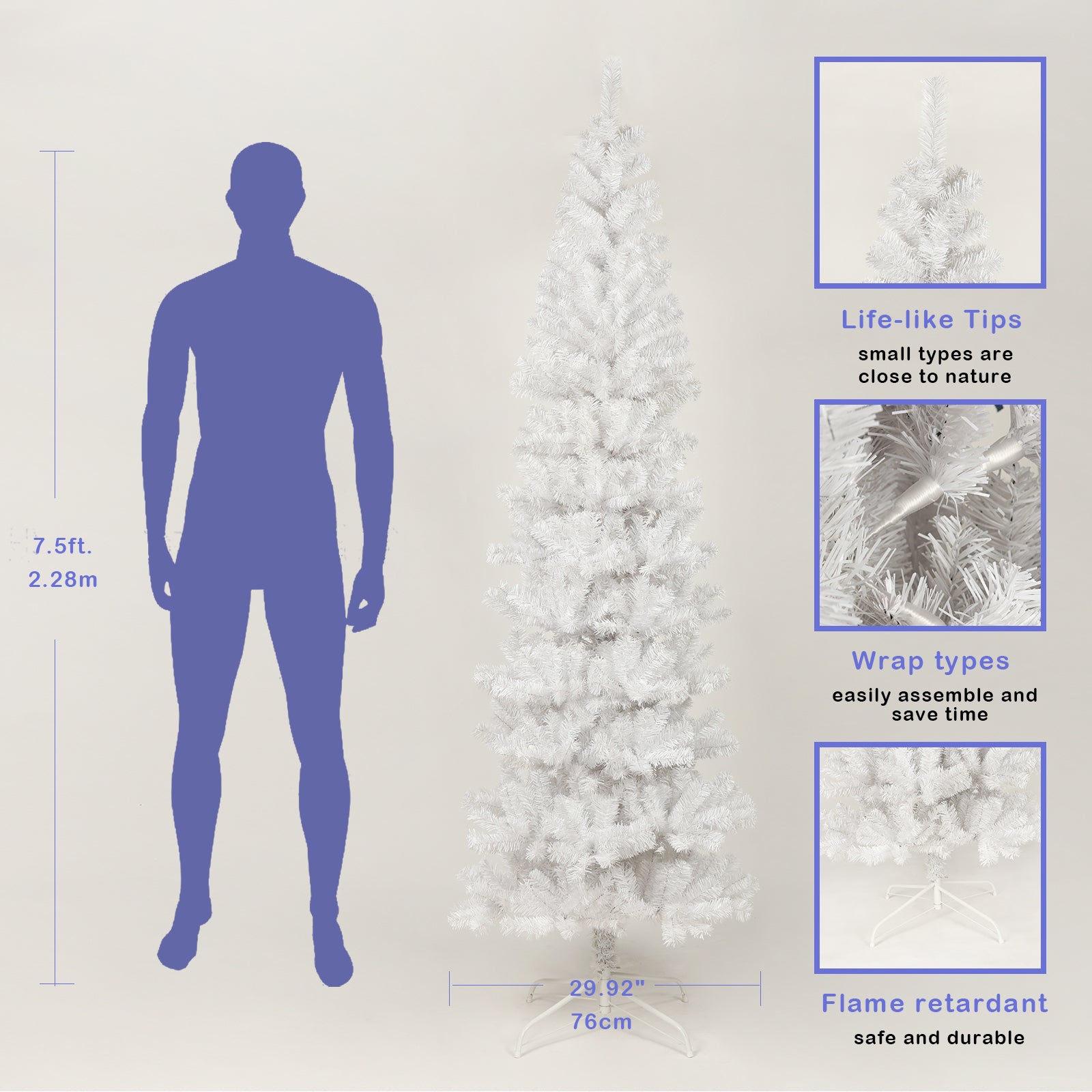 HAOYYE 7.5FT White Slim Artificial Christmas Tree Includes Foldable Metal Stand Sturdy Space-Saving Heavy Duty Modern Design Adults Dorm Room Easy Assembly Bedroom Furniture