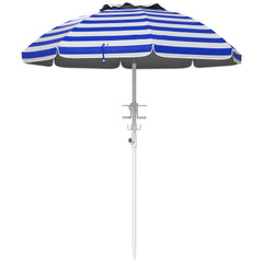 HAOYYE Portable Beach Umbrella with Tilt Adjustable Height Cup Holders Hooks UV40 Plus Ruffled Outdoor Canopy with Vented Top for Patio Garden Picnic Travel Blue White Stripe