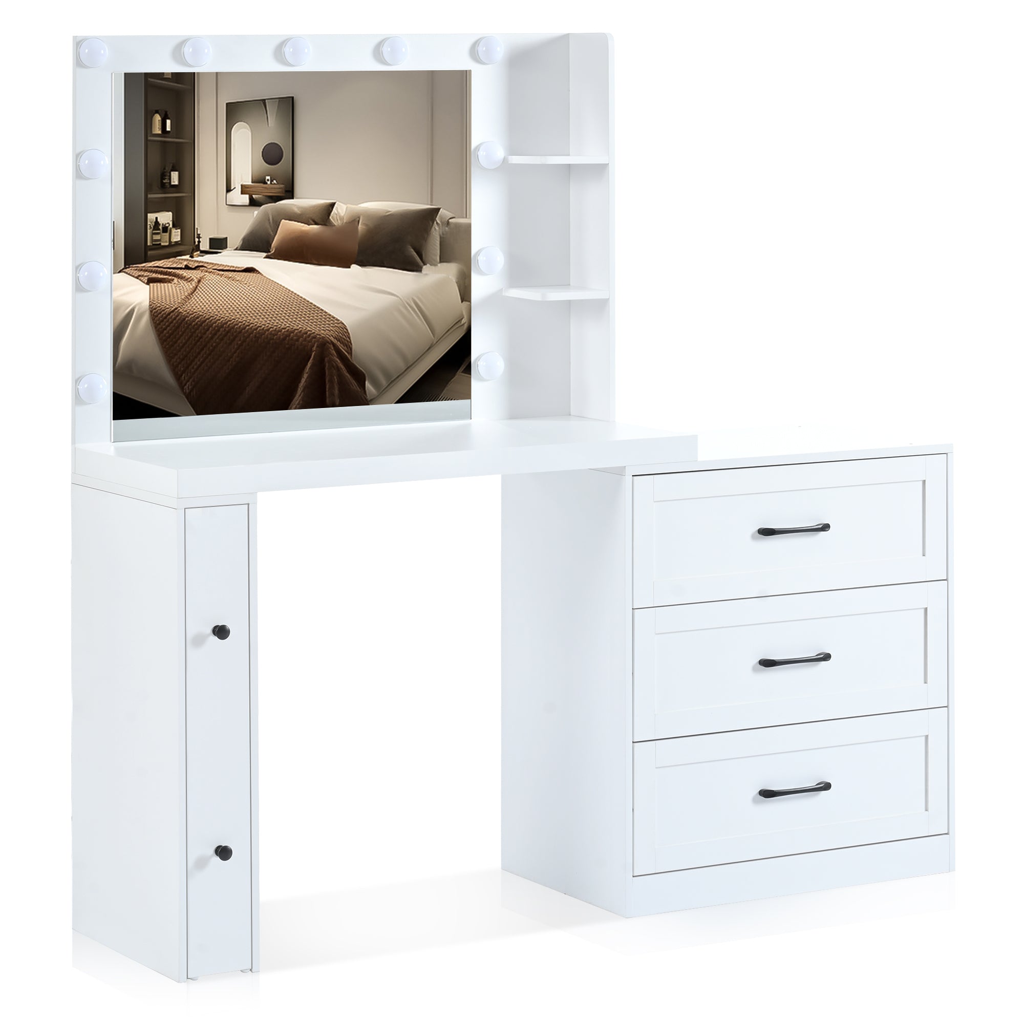 HAOYYE 55.2" Vanity Desk with Freely Adjustable Side Cabinet, Makeup Vanity with Hollywood Lights, 5 Storage Drawers & 2-shelves, Modern Dressing Table, White