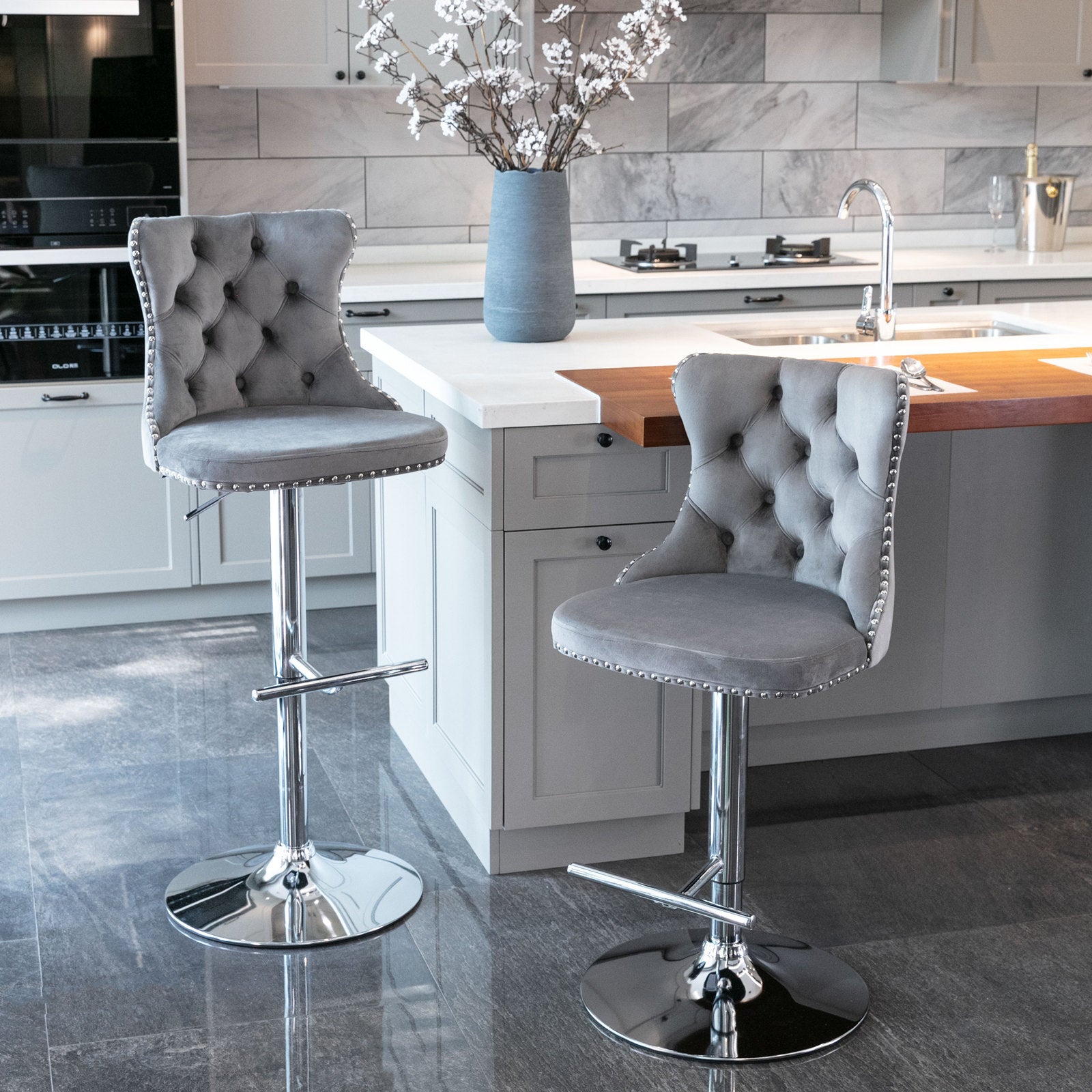 HAOYYE Adjustable Velvet Bar Stools with Tufted Backs, Swivel Seat Height Ranging from 25 to 33 Inches, Modern Upholstered Design with Chrome Base, Comfortable and Stylish Barstools for Kitchen Island or Home Pub