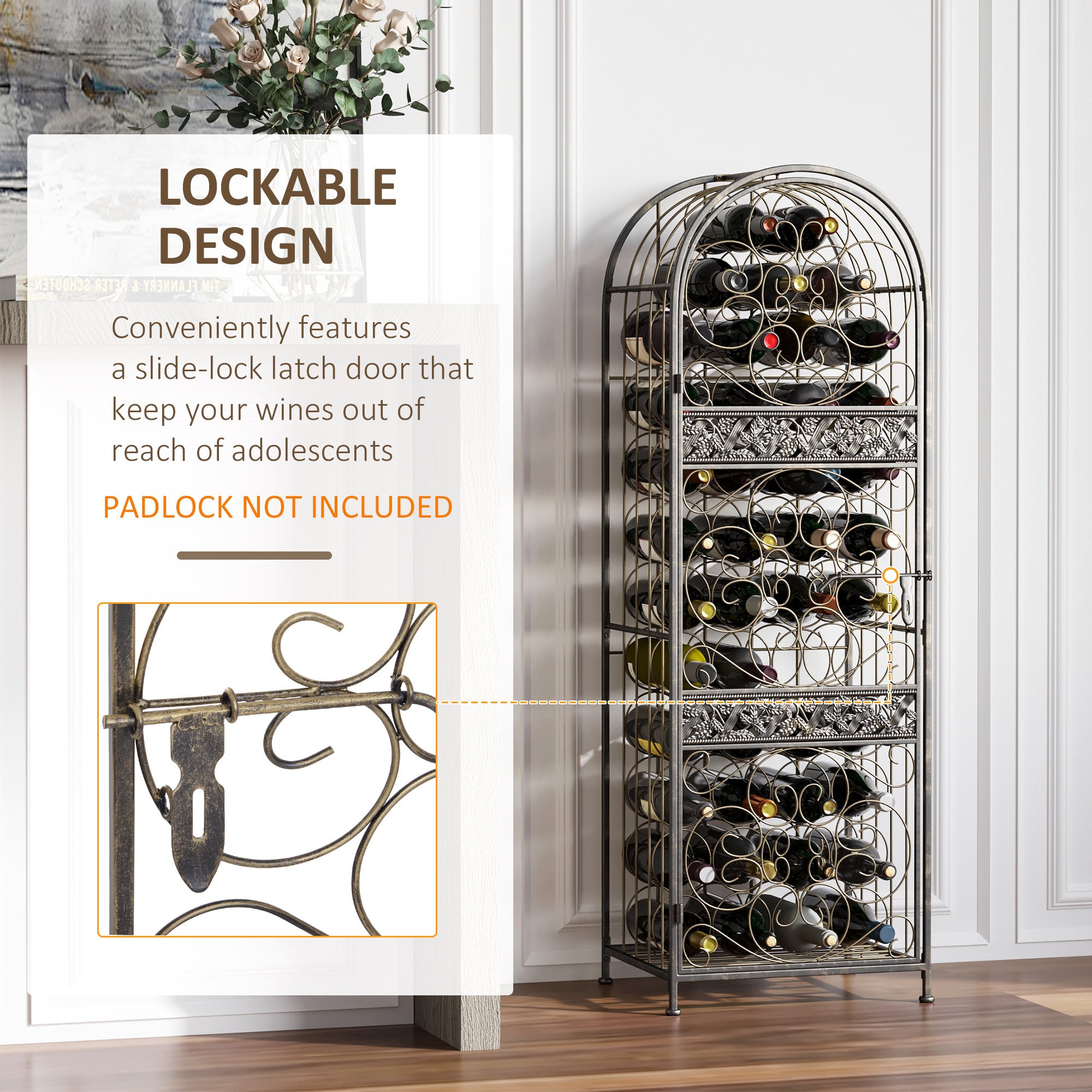 Haoyye 45 Bottle Wrought Iron Wine Rack with Lock, Antique Bronze Freestanding Wine Cabinet with Scrollwork Door, Vintage Metal Wine Jail Storage for Kitchen, Dining Room, Home Bar, Sturdy Space-Saving Organizer, Modern Rustic Design