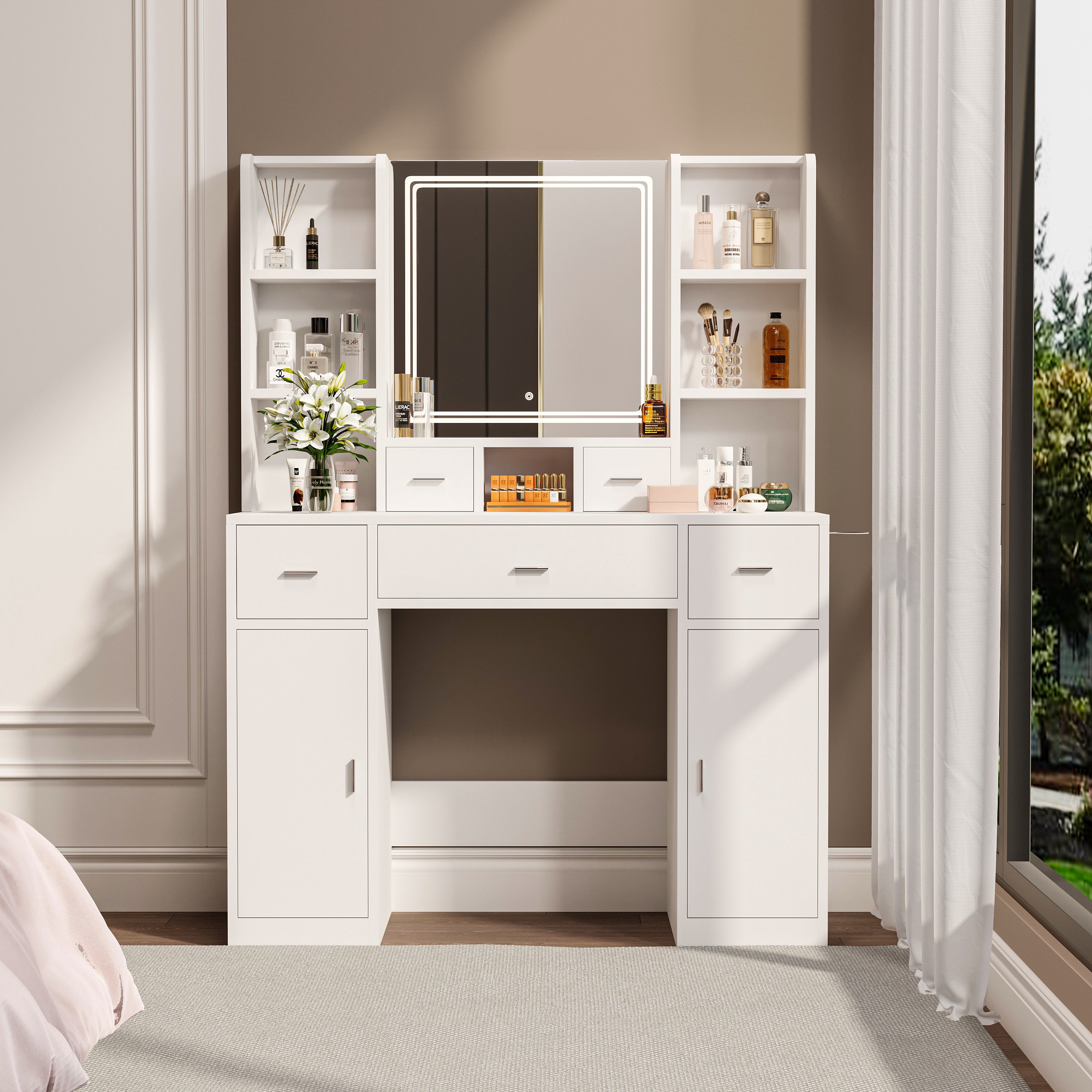 HAOYYE Smart Mirror Dressing Table with Drawers and Storage Cabinet, Modern Design Dressing Table with Soft Dressing Pad for Bedroom, Dressing Room, Sturdy Space-Saving Heavy Duty Construction, Ideal for Adults