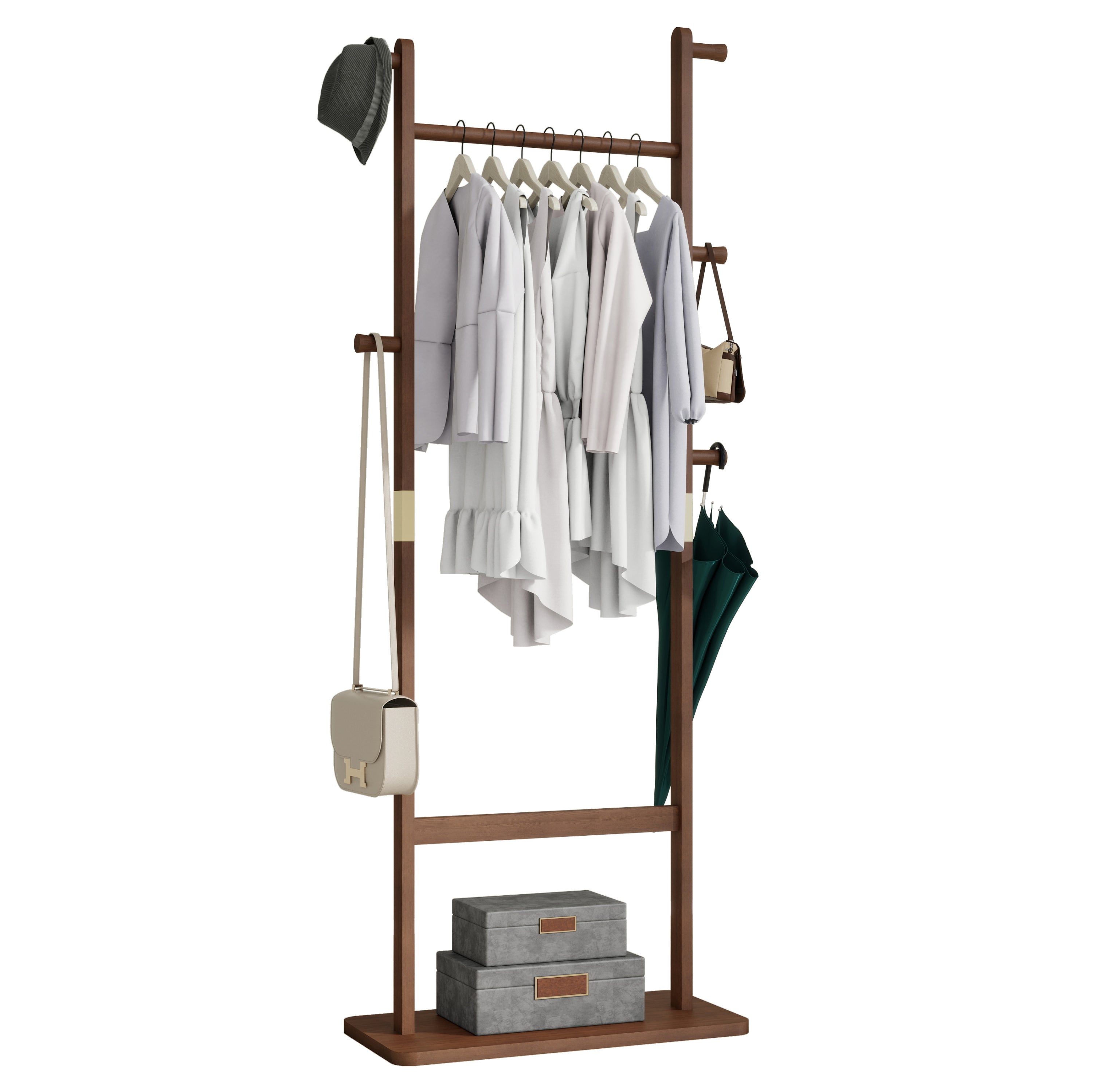 HAOYYE Solid Wood Coat Rack, Freestanding Hanger with Natural Walnut Finish, Space-Saving and Durable Design for Bedroom, Entrance, or Living Room, Easy Assembly