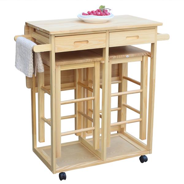 HAOYYE Square Solid Wood Folding Dining Cart with 2 Free Stools Expandable Drop Leaf Table with Drawers and Wheels for Small Spaces