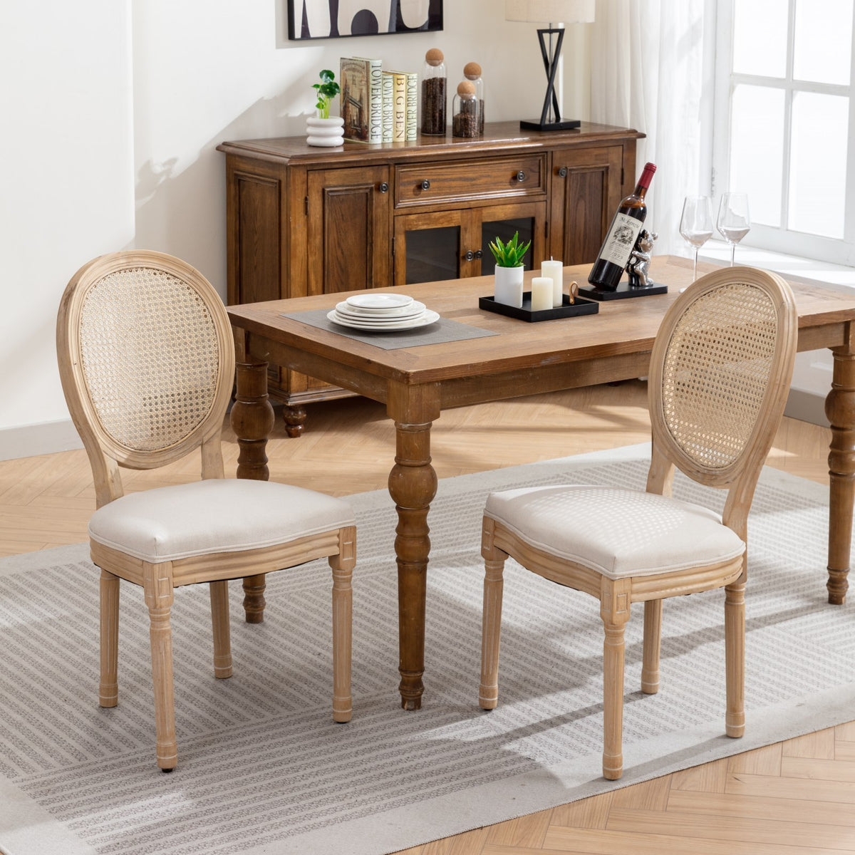 HAOYYE French Style Solid Wood Frame Antique Painting Linen Fabric Rattan Back Dining Chair,Set of 2,Cream,Beige Sturdy Space-Saving Heavy Duty Modern Design Adults Dorm Room Easy Assembly