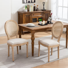 HAOYYE French Style Solid Wood Frame Antique Painting Linen Fabric Rattan Back Dining Chair,Set of 2,Cream,Beige Sturdy Space-Saving Heavy Duty Modern Design Adults Dorm Room Easy Assembly