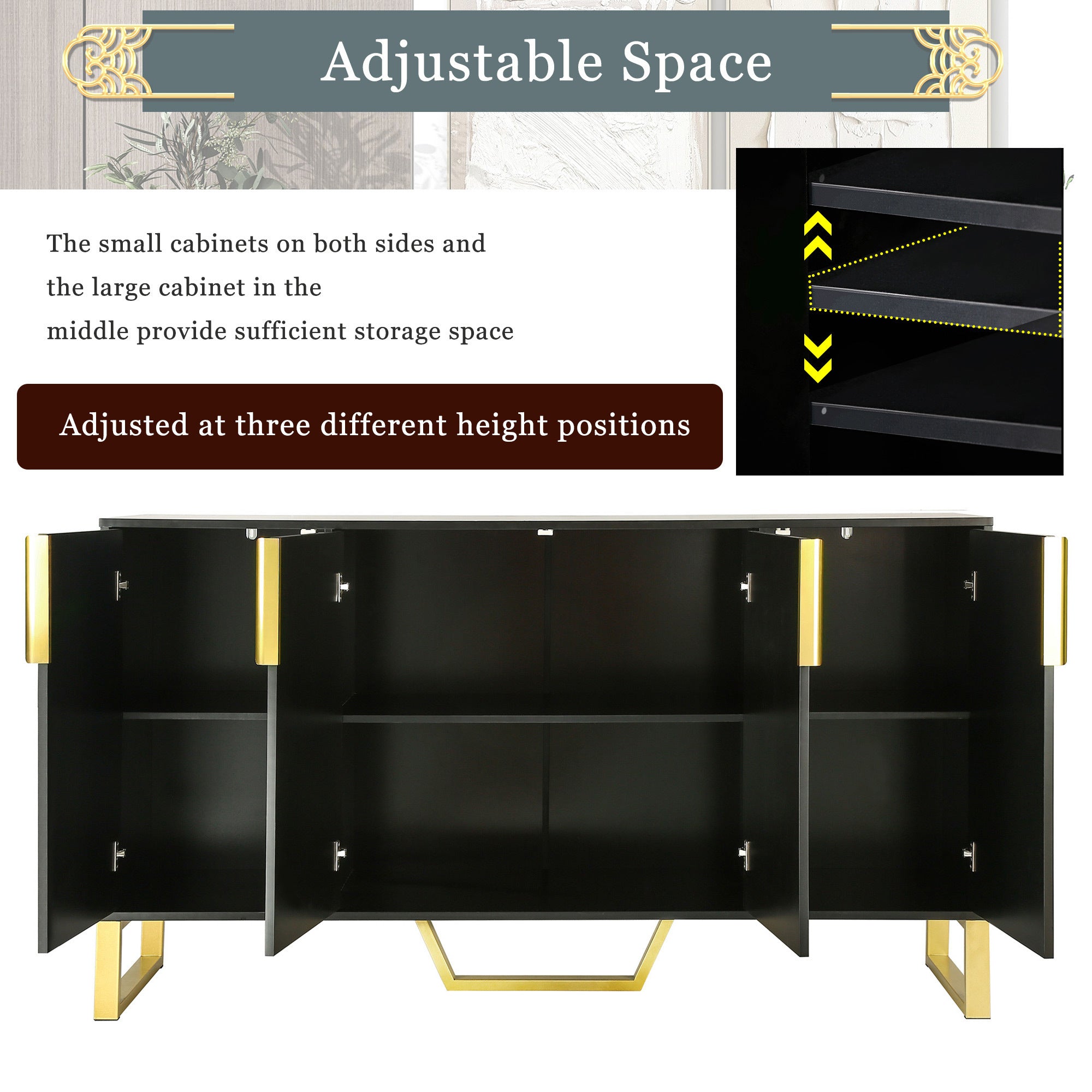 HAOYYE Modern Sideboard with Four Doors, Metal Handles and Legs, Adjustable Shelves, Stylish Storage Cabinet for Kitchen, Dining Room, Living Room, Black, Sturdy Space-Saving Heavy Duty Design, Ideal for Home and Apartment, Easy Assembly
