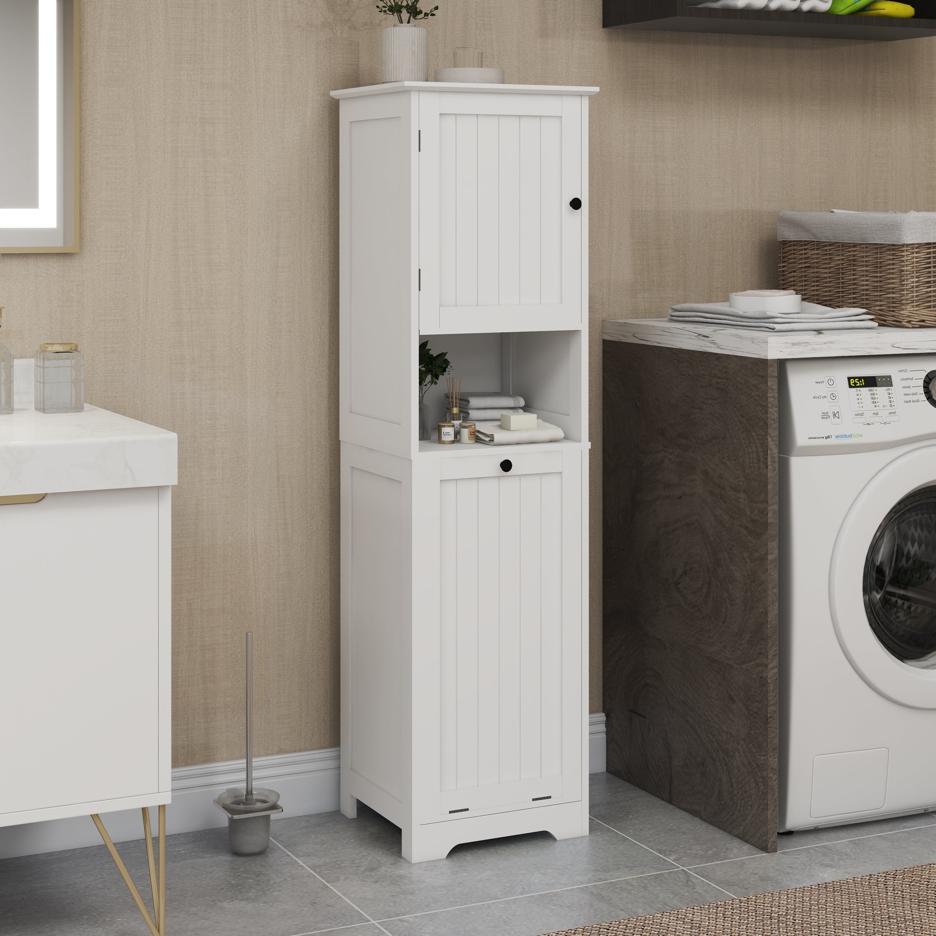 Haoyye One-Compartment Tilt-Out Laundry Sorter Cabinet, Modern Space-Saving Storage Unit with Removable Bag and Top Shelf, Sturdy MDF Construction with UV Finish, Stylish Organizer for Bathroom, Bedroom, or Laundry Room, Easy Assembly