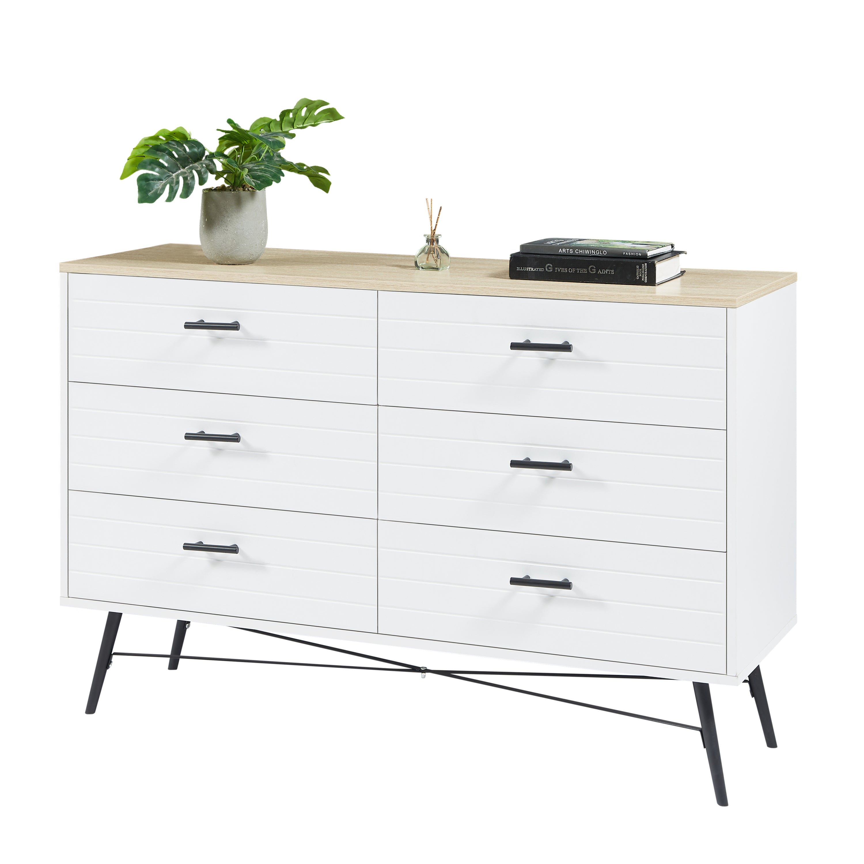 HAOYYE Modern 6-Drawer Dresser for Bedroom, Sturdy White & Oak Wood Chest of Drawers, Deep Storage for Living Room and Closet, Space-Saving Design