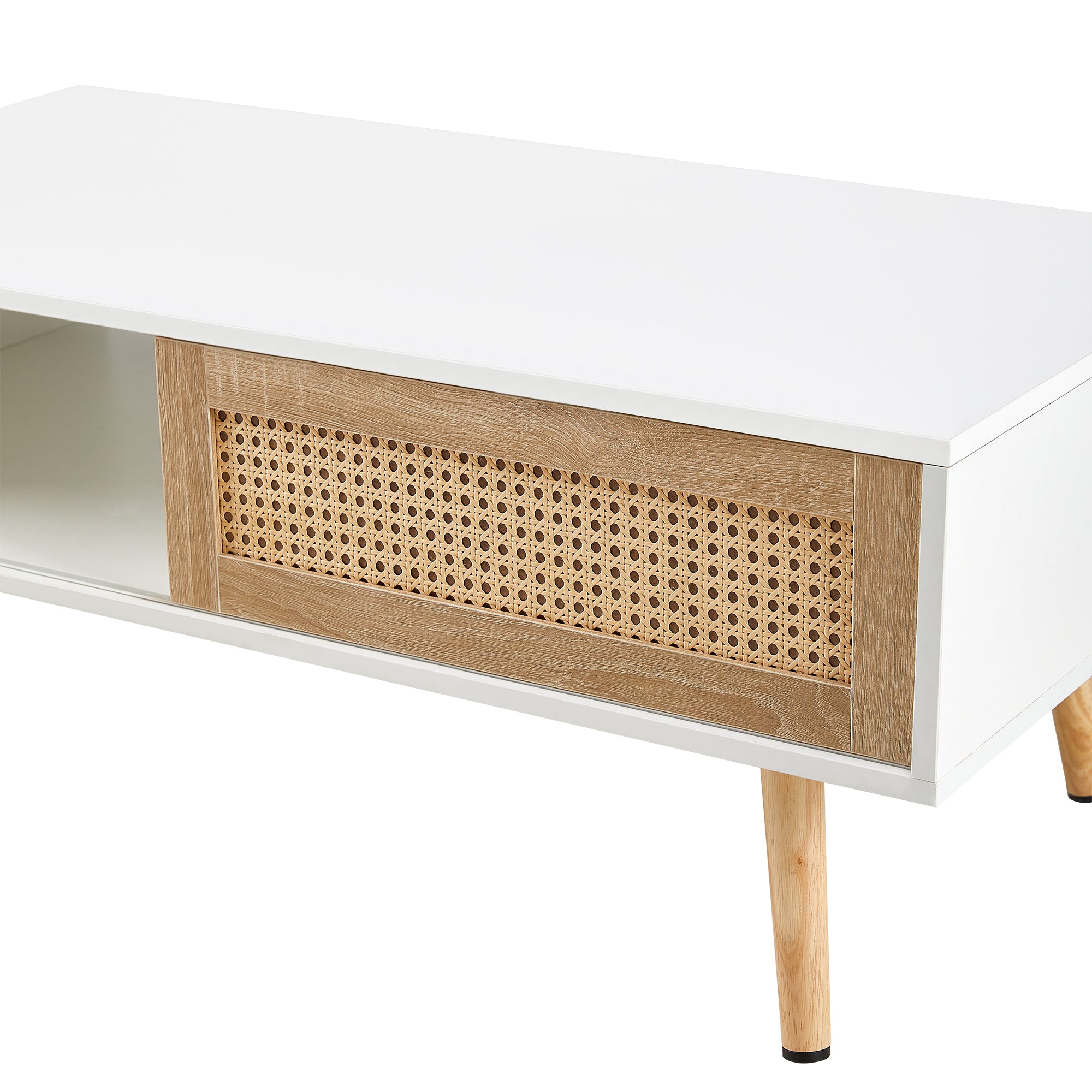HAOYYE 41.34" Rattan Coffee Table with Sliding Door Storage, Solid Wood Legs, Modern Design for Living Room, White, Sturdy Space-Saving Heavy Duty Construction, Easy Assembly, Ideal for Adults and Dorm Rooms