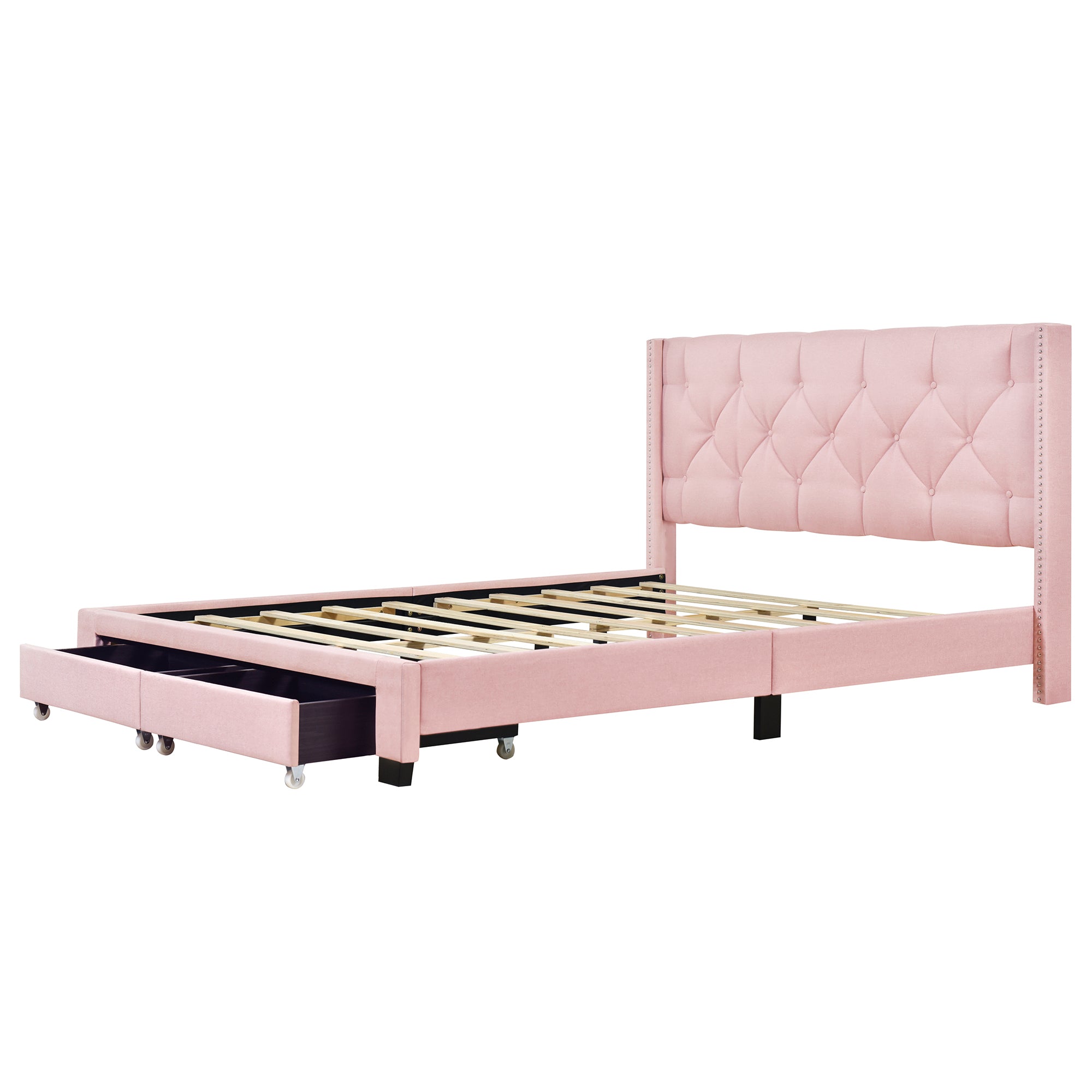 HAOYYE Queen Size Linen Upholstered Platform Bed with Two Drawers, Modern Storage Bed with Sturdy and Space-Saving Design, Heavy Duty Construction, Ideal for Adults and Dorm Rooms, Easy Assembly for Bedroom Furniture