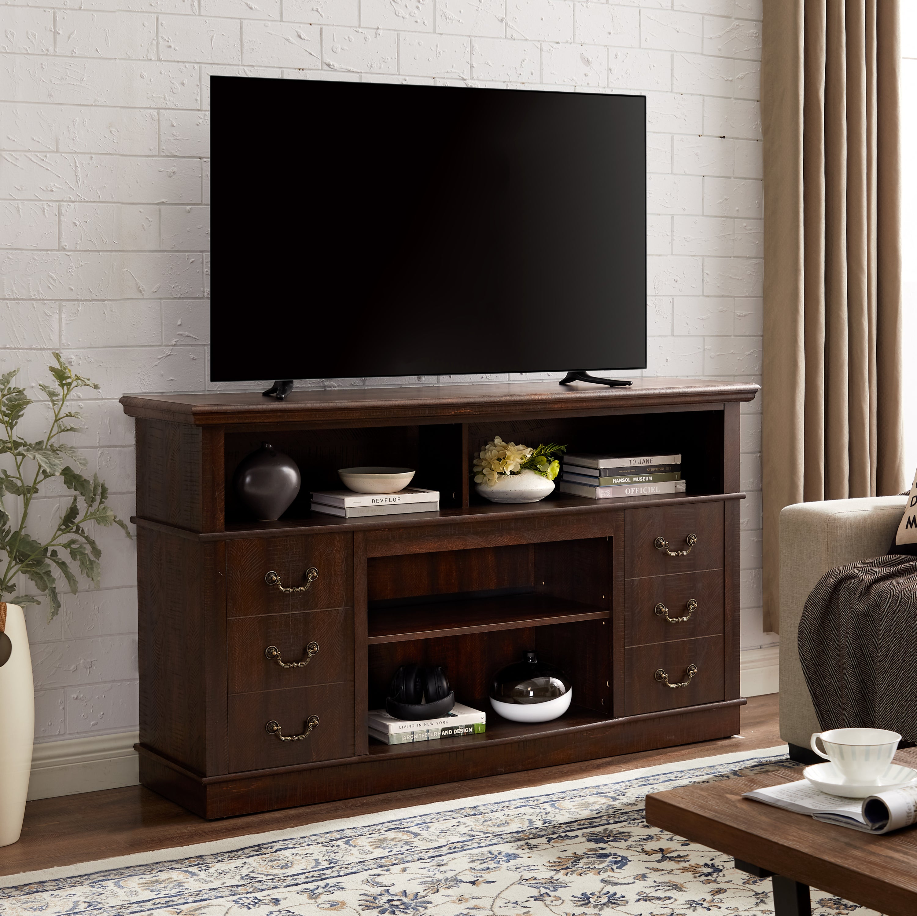 HAOYYE Traditional TV Media Stand Farmhouse Rustic Entertainment Console for TV Up to 65" with Open and Closed Storage Space, Espresso, 60"W*15.75"D*34.25"H Sturdy Space-Saving Heavy Duty Modern Design