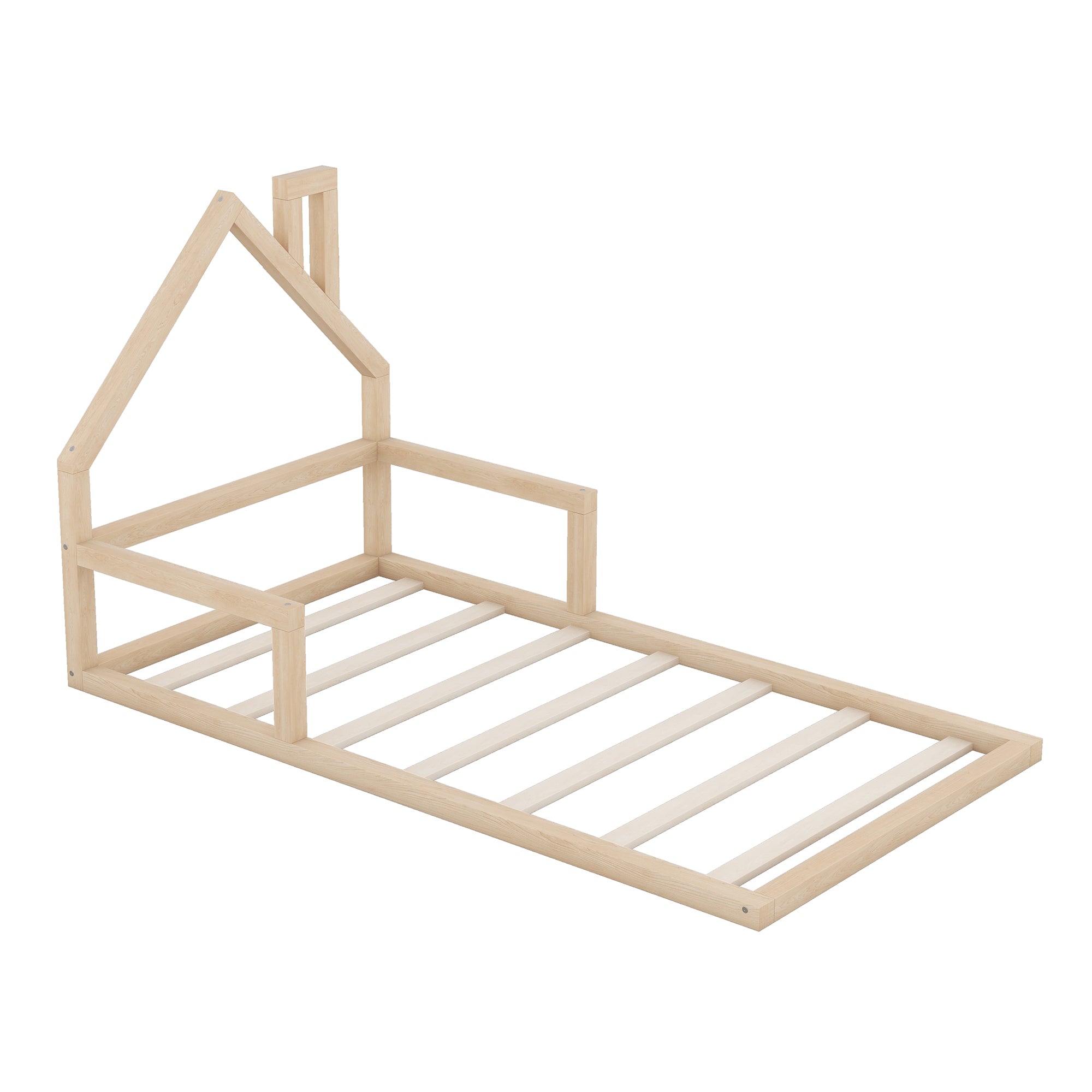 HAOYYE Twin Size Wood Floor Bed with House-shaped Headboard, Natural Sturdy Space-Saving Heavy Duty Modern Design Adults Dorm Room Easy Assembly Bedroom Furniture