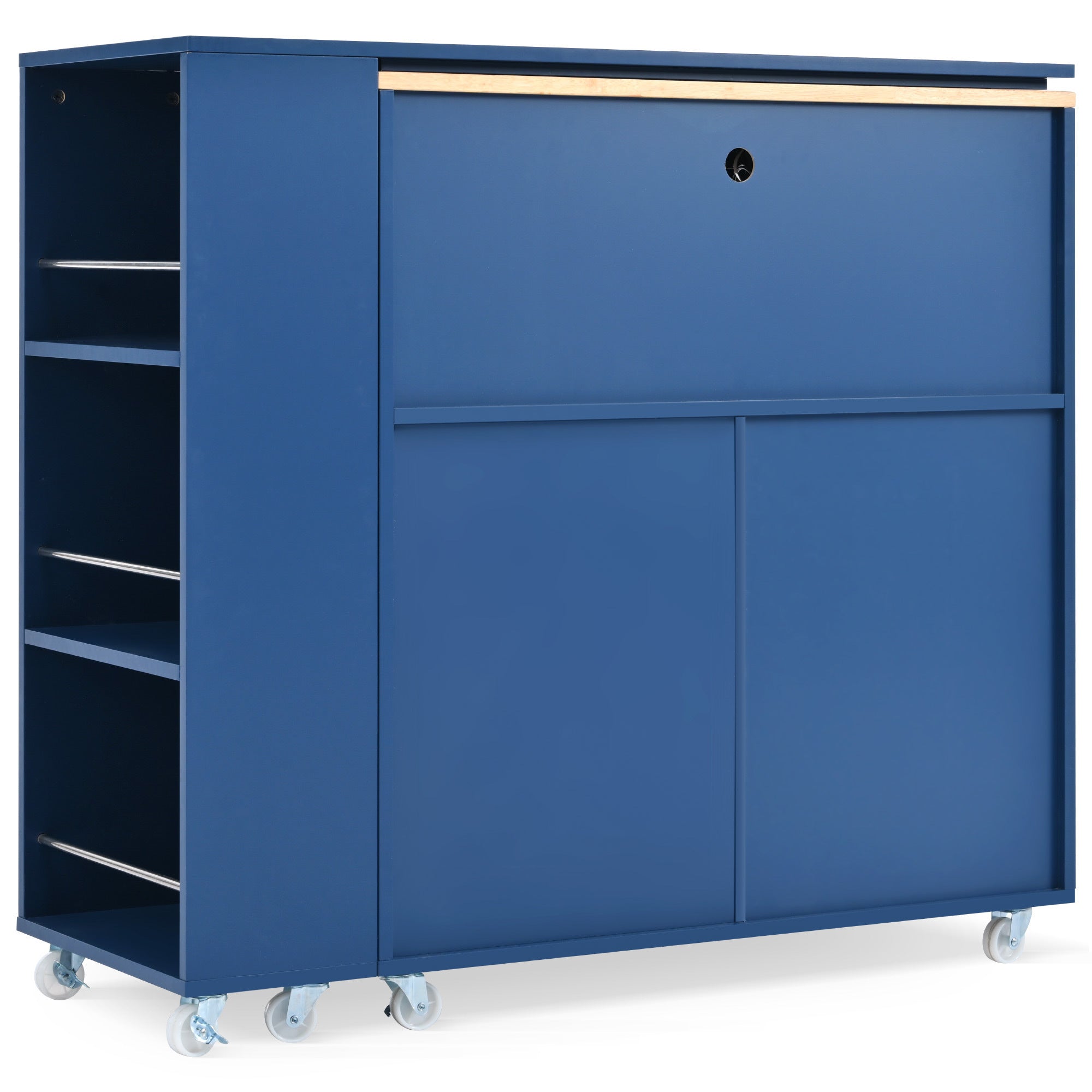 HAOYYE Navy Rolling Kitchen Island With Extended Table, LED Lights, Power Outlets, Fluted Glass Doors, Storage Compartment, and Open Shelves, Sturdy Space-Saving Design, Easy Assembly