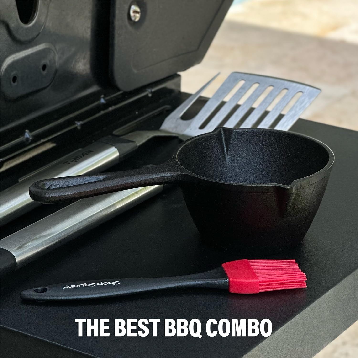 Haoyye Cast Iron Basting Pot and Silicone BBQ Brush Set, 15 Oz Pre-Seasoned Saucepan with Heat-Resistant Brush for Grilling, Meat Smoking, or Stovetop Use, No-Drip Pour Spouts, Mess-Free BBQ Accessory for Outdoor Cooking or Gift for Grill Lovers