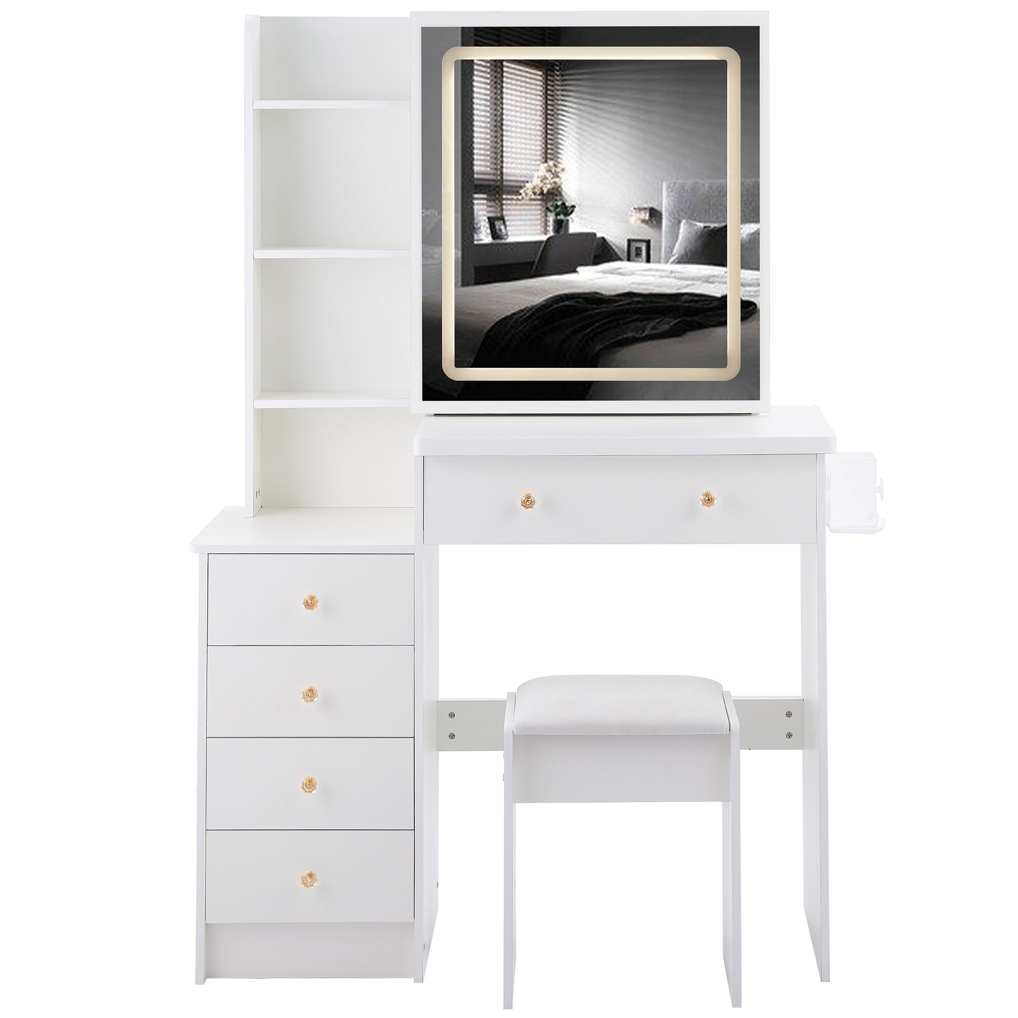 HAOYYE 37" Middle Size Left Bedside Cabinet Vanity Table + Cushioned Stool Dresser Set, 2 AC+2 USB Socket, Hair Dryer Stand, Large Touch Control LED Sliding Mirror, 3-color Switch, EPA, GCC, UL Certificate