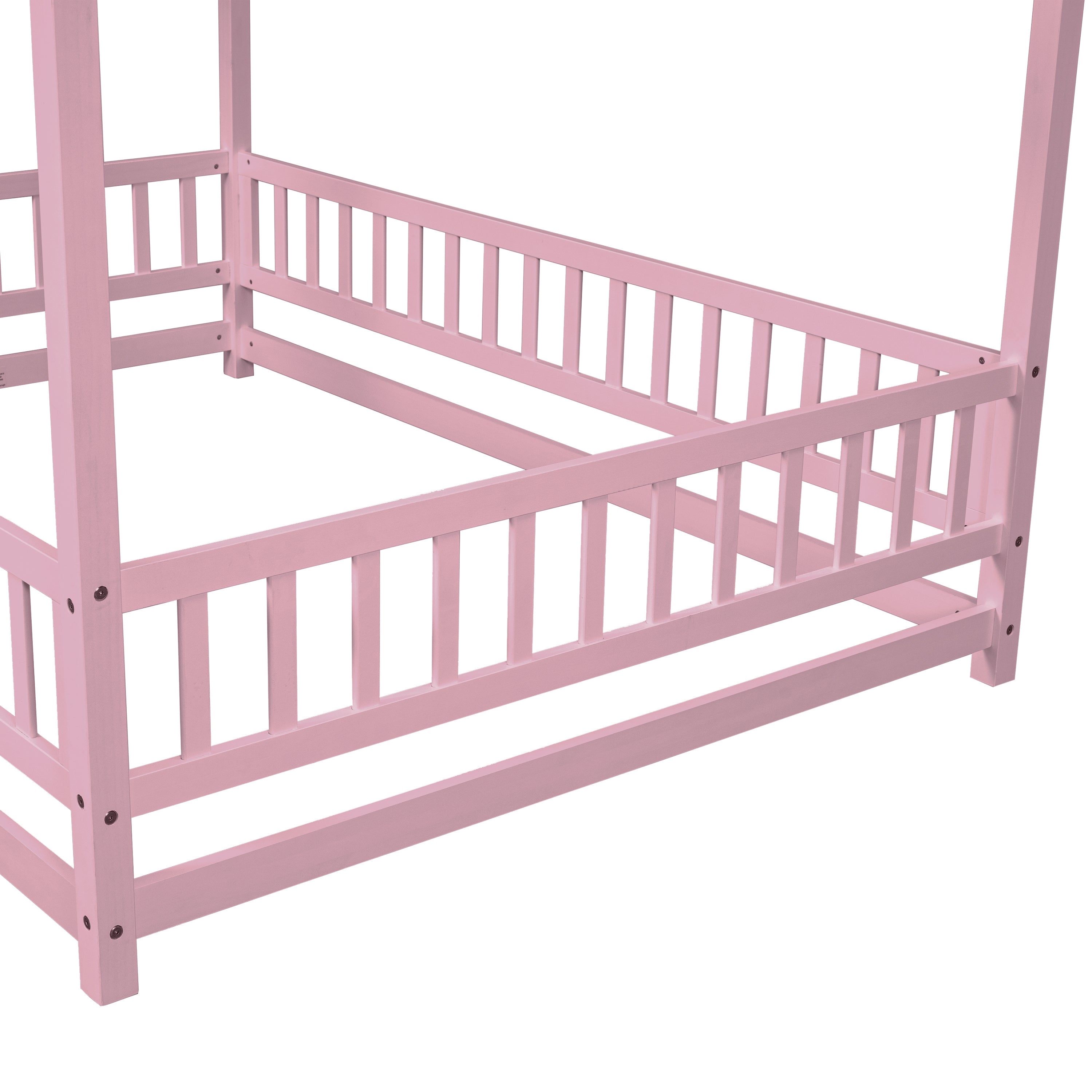 HAOYYE Full Size Floor Wooden Bed with House Roof Frame, Fence Guardrails ,Pink Sturdy Space-Saving Heavy Duty Modern Design Easy Assembly Durable Stylish Home Furniture Versatile
