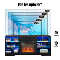 HAOYYE Modern TV Stand With Electric Fireplace, Glass Shelves, 3D Wood Design, LED Lights, And USB Charging Outlet – Entertainment Console Table For TVs From 32 To 62 Inch, Sturdy, Space-Saving Heavy Duty Media Center In Black