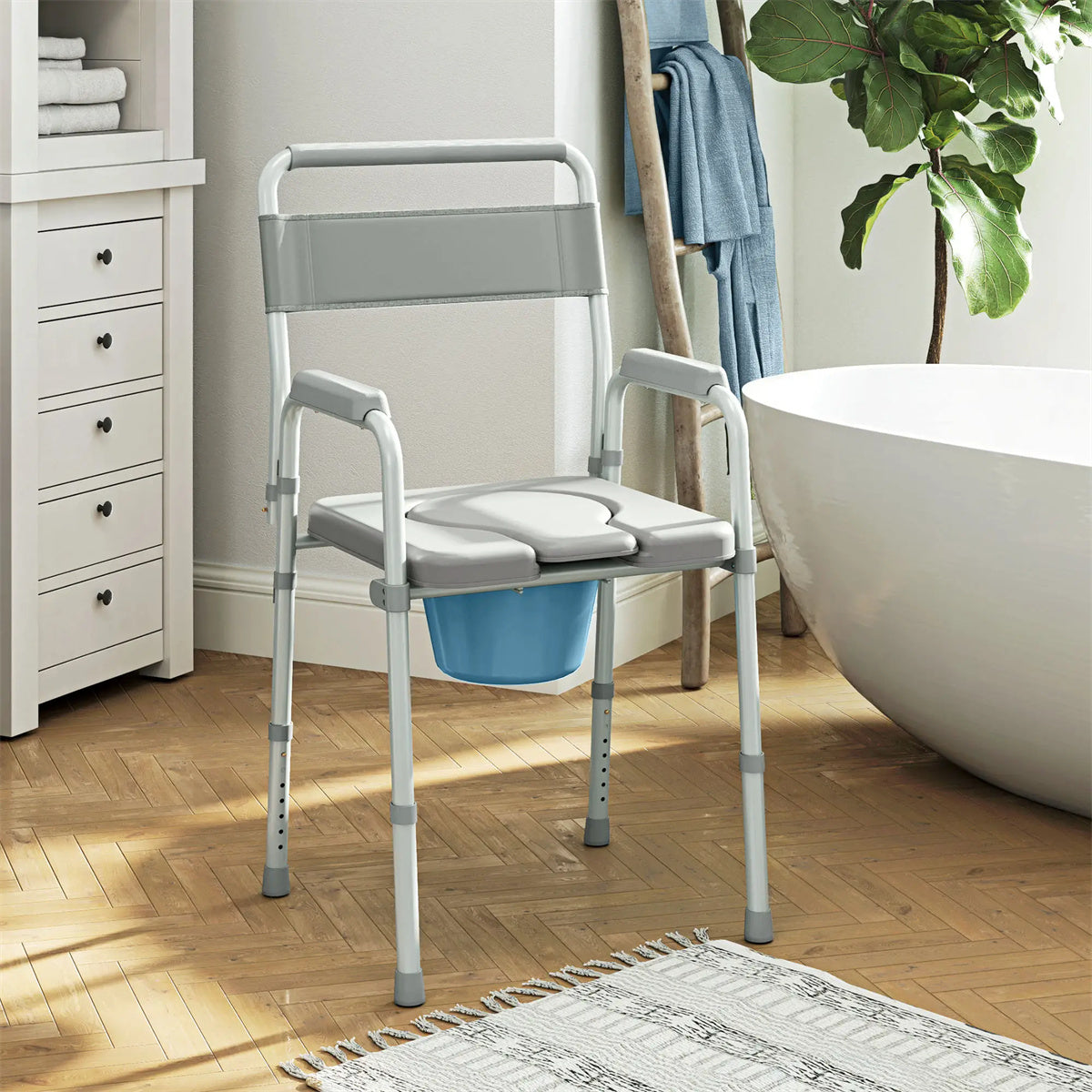 HAOYYE Grey Multi-Functional Portable Toilet Chair With Adjustable Height, Lightweight Foldable Commode Chair for Bathroom, Shower, and Elderly Assistance, Durable Steel Frame and Comfortable Padded Seat for Easy Mobility and Hygiene