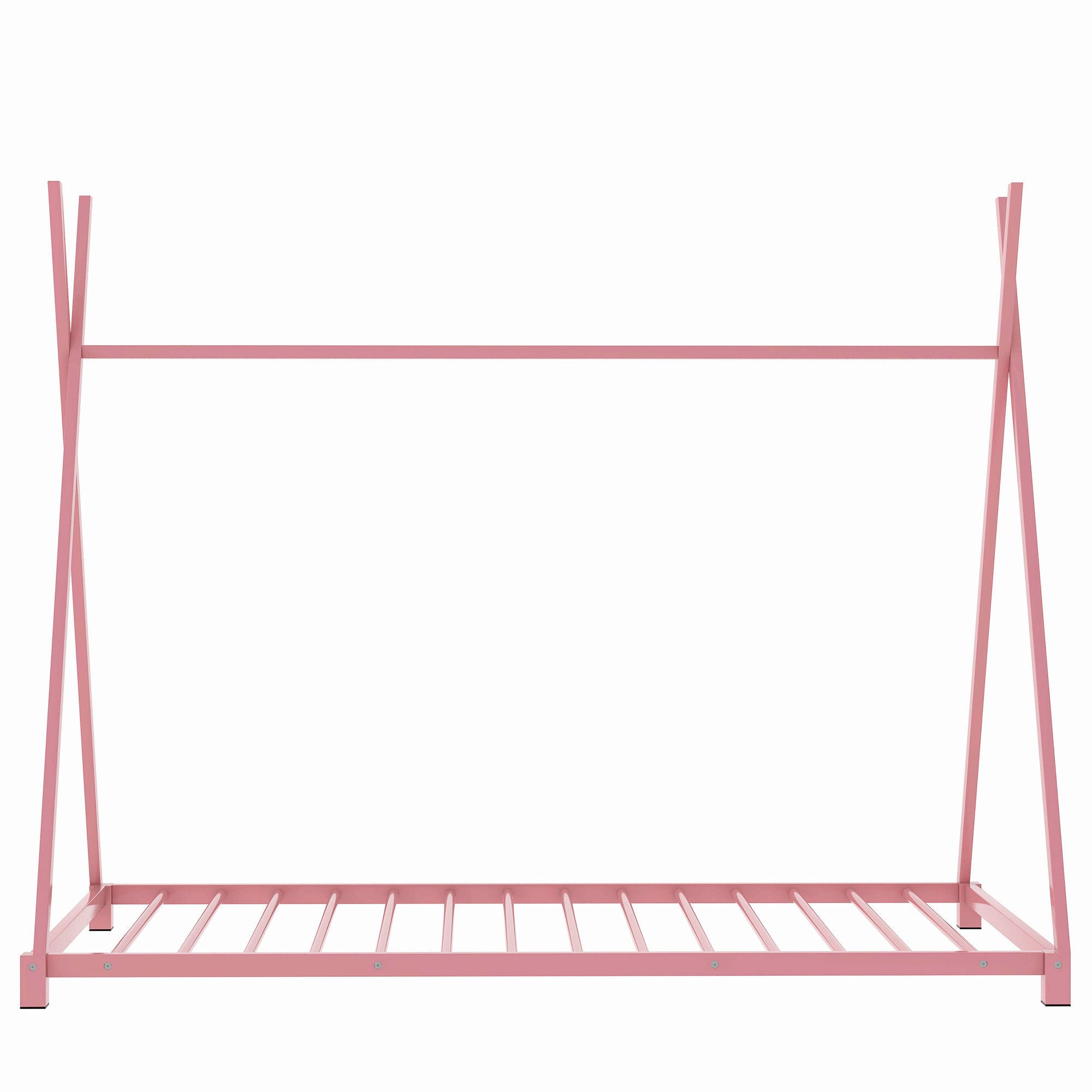 HAOYYE Metal Twin Size House Platform Bed with Triangle Structure, Pink Sturdy Space-Saving Heavy Duty Modern Design Adults Dorm Room Easy Assembly Bedroom Furniture