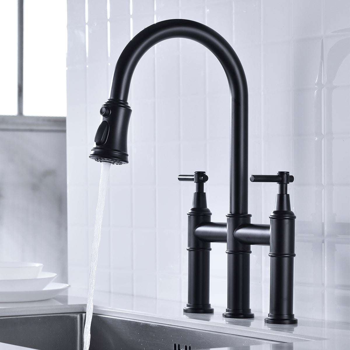 HAOYYE Bridge Kitchen Faucet with Pull-Down Sprayhead in Spot Sturdy Space-Saving Heavy Duty Modern Design Adults Dorm Room Easy Assembly Bedroom Furniture