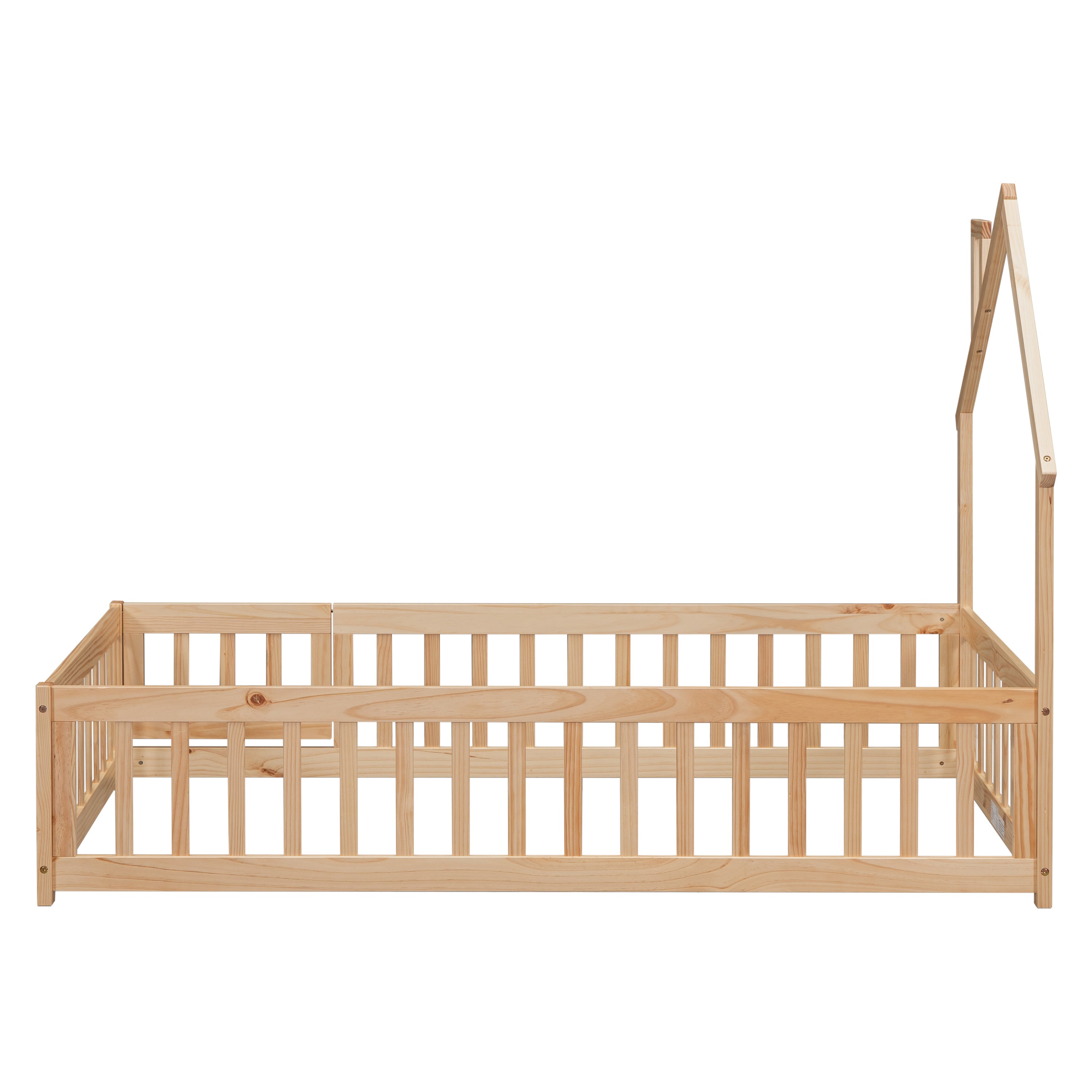 HAOYYE Twin House-Shaped Headboard Floor Bed with Fence ,Natural Sturdy Space-Saving Heavy Duty Modern Design Adults Dorm Room Easy Assembly Bedroom Furniture