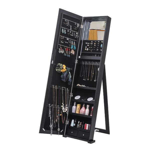 HAOYYE Jewelry Storage Cabinet With Blue LED Light, Upright Jewelry Organizer Cabinet Featuring Full-Length Mirror, Multiple Compartments For Necklaces, Rings, Earrings, Bracelets, Durable Black Finish For Home Use