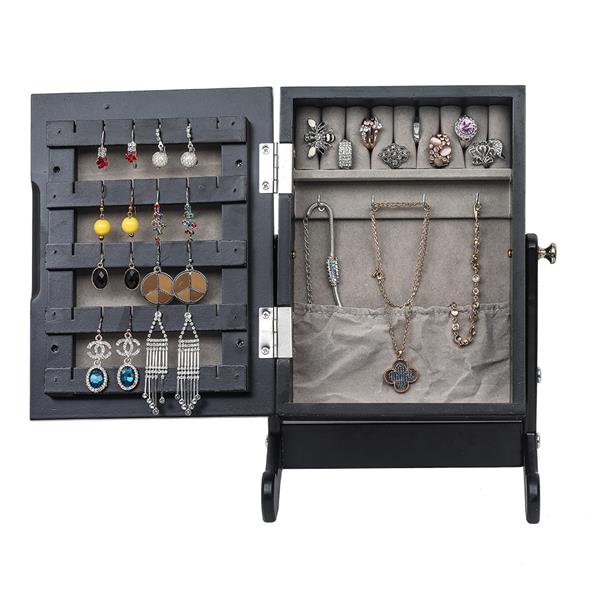 HAOYYE Small Black Mirror Jewelry Cabinet Organizer Armoire with Stand Countertop Storage Box for Rings Necklaces Earrings Makeup and Accessories Compact and Stylish Space-Saving Design for Bedroom or Vanity Table