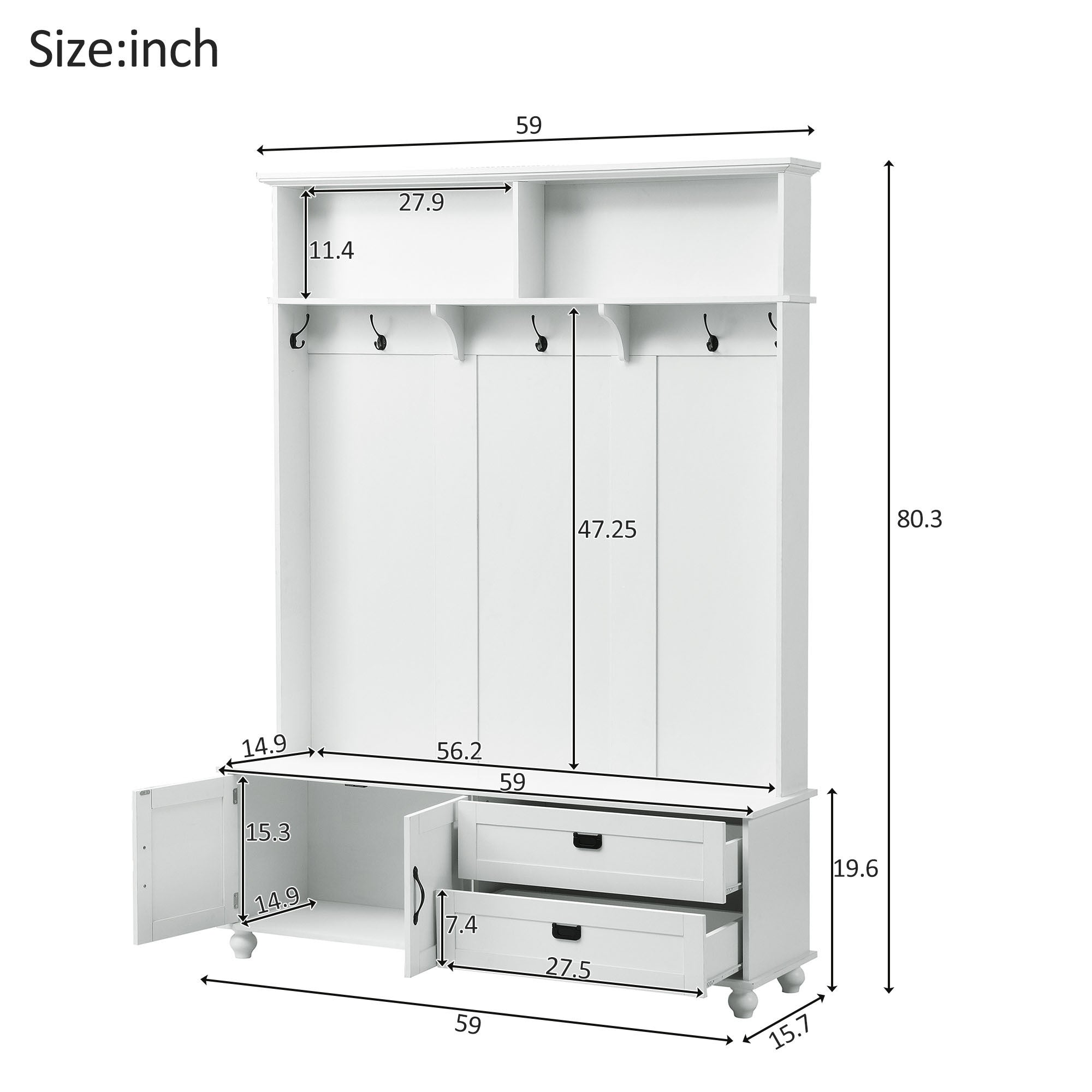 HAOYYE Modern White Hall Tree with Storage Cabinet, 2 Large Drawers, and 5 Coat Hooks, Sturdy Space-Saving Mudroom Bench, Heavy Duty Design for Adults
