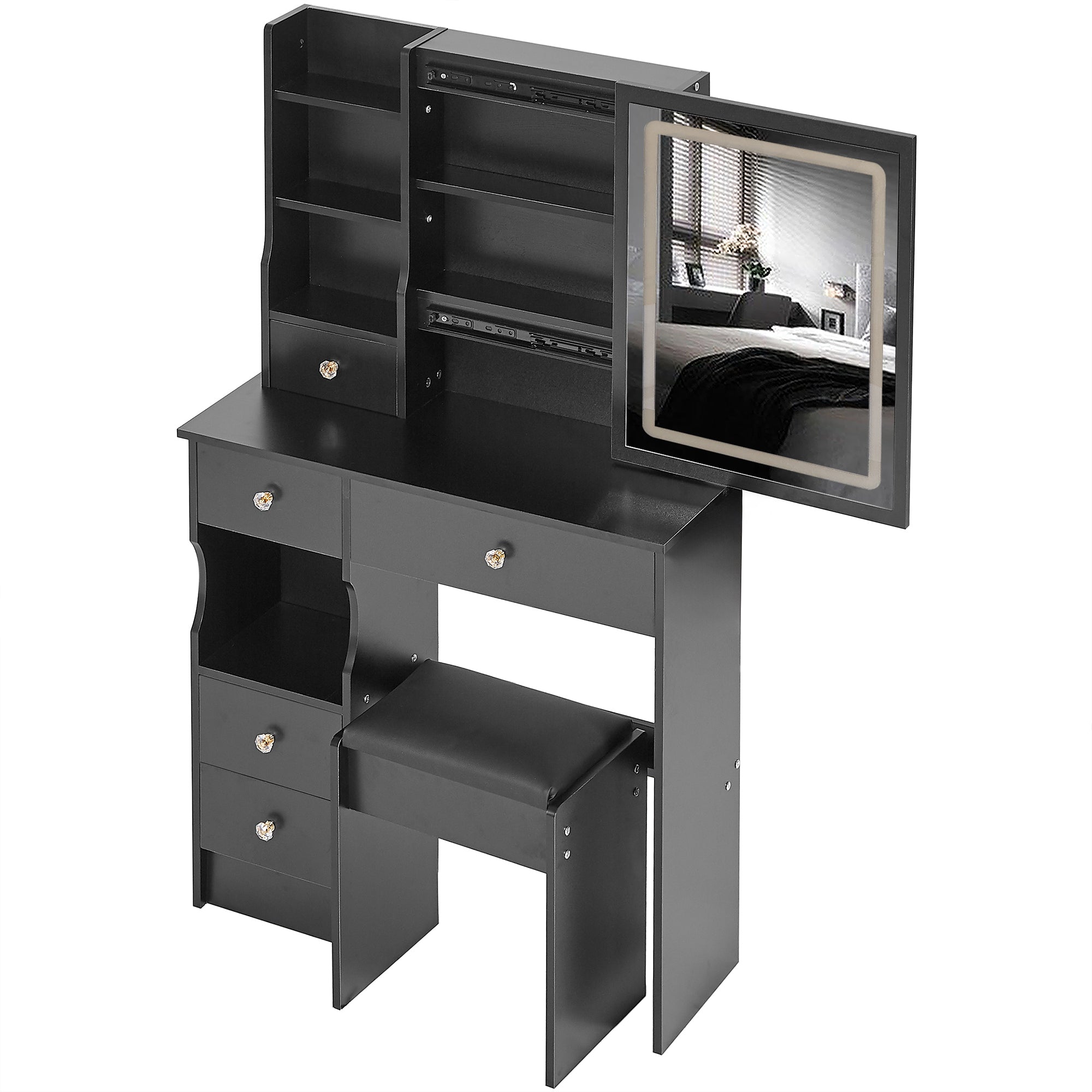 HAOYYE Small Size Left Drawer Desktop Vanity Table + Cushioned Stool, Touch Control Sliding LED Mirror, Tri-color Switching, Brightness Adjust, Multi Layer, Suitable for Small Space, EPA,GCC,UL Certificate