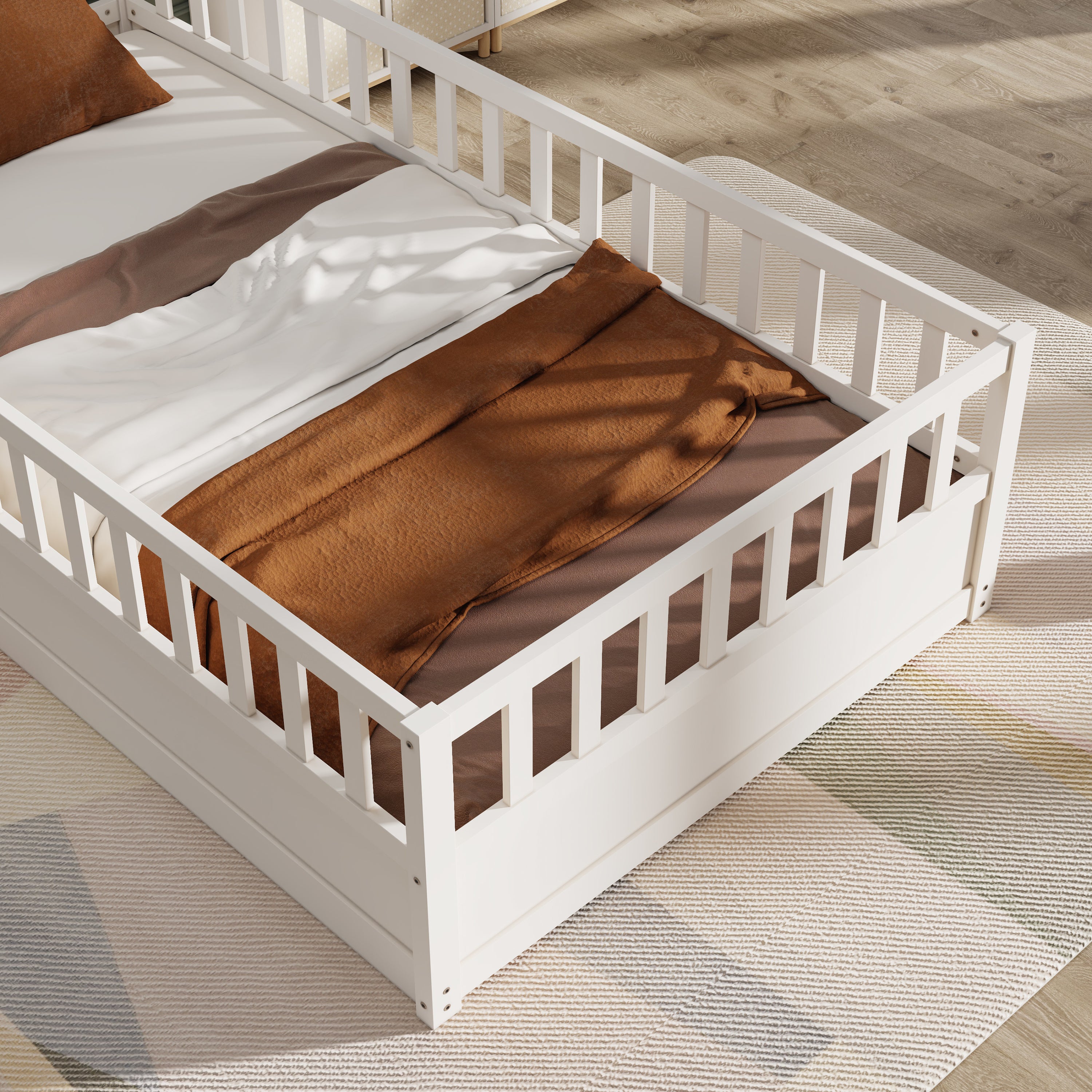 HAOYYE Twin Size Floor bed, integral construction with super high security barrier, door, 's floor bed frame, Montessori wooden 's floor bed, white Sturdy Space-Saving Heavy Duty Adults
