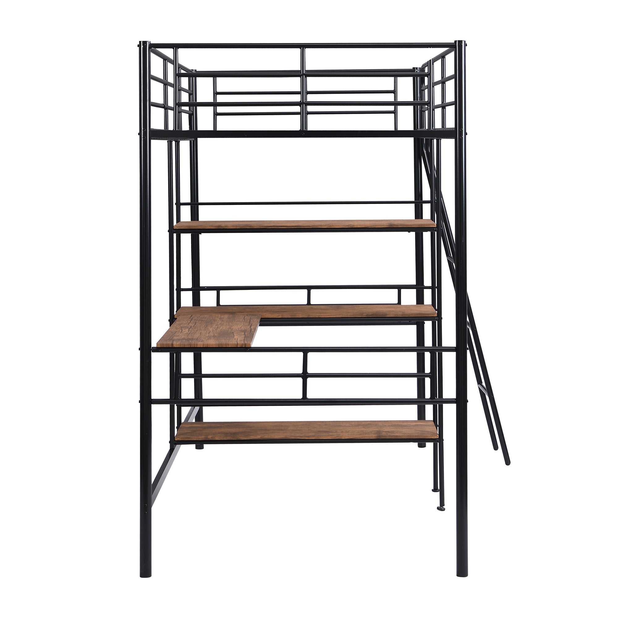 HAOYYE Twin Size Metal Loft Bed and Built-in Desk and Shelves,Black Sturdy Space-Saving Heavy Duty Modern Design Adults Dorm Room Easy Assembly Bedroom Furniture