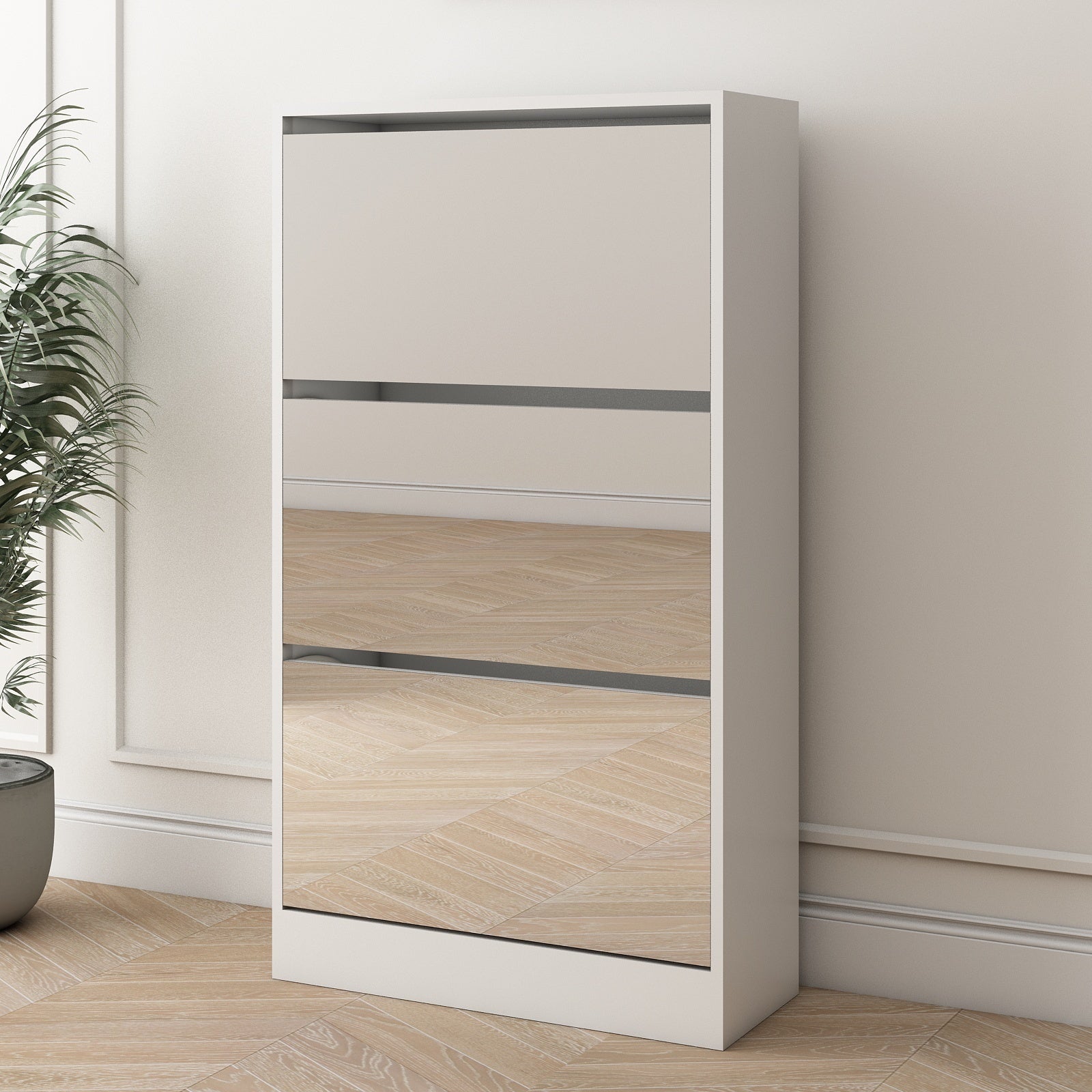 HAOYYE Narrow Shoe Storage Cabinet with Mirror, Wood Slim Shoe Rack 3 Tier Shoe Organizer for Home and Apartment, White Sturdy Space-Saving Heavy Duty Modern Design Adults Dorm Room Easy Assembly