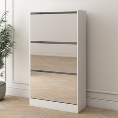 HAOYYE Narrow Shoe Storage Cabinet with Mirror, Wood Slim Shoe Rack 3 Tier Shoe Organizer for Home and Apartment, White Sturdy Space-Saving Heavy Duty Modern Design Adults Dorm Room Easy Assembly