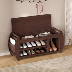 HAOYYE Retro Multifunctional Storage Bench with Cushion and Curved Side Panel for Entrance and Living Room (Espresso) Sturdy Space-Saving Heavy Duty Modern Design Easy Assembly Durable Stylish