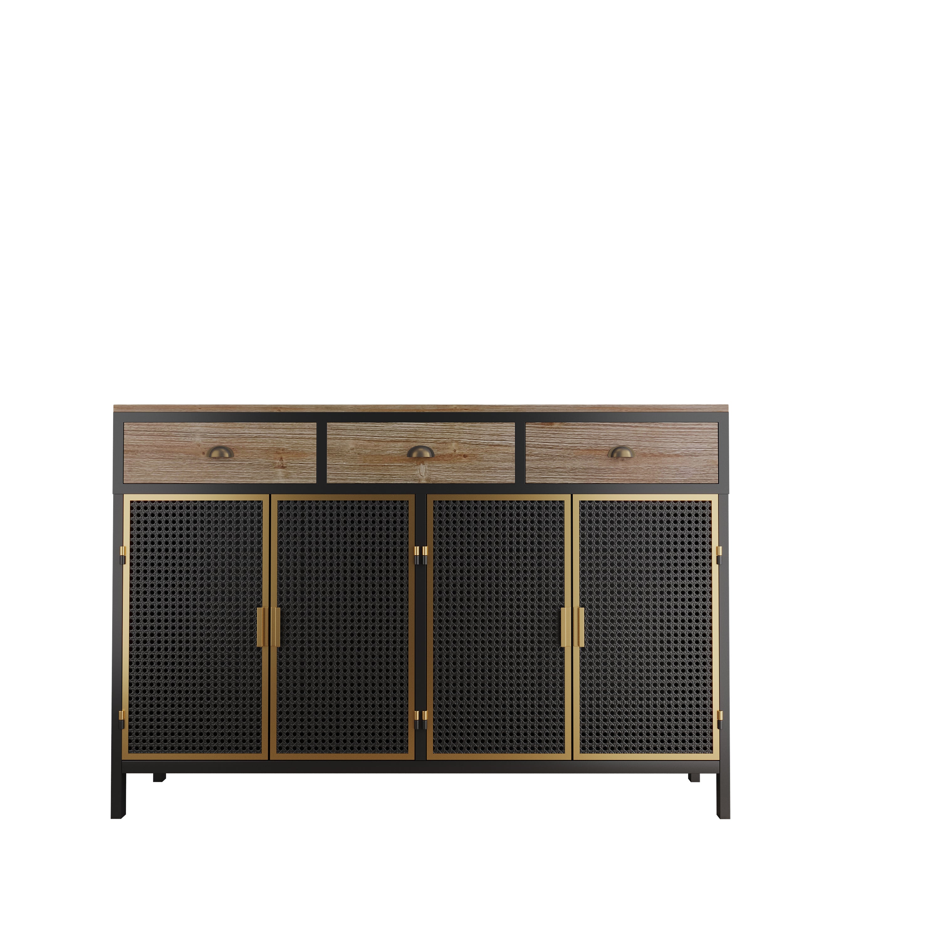 HAOYYE Modern Sideboard With 4 Doors And 3 Top Drawers, Freestanding Storage Cabinet For Entryway, Living Room, Office, Or Bedroom, Sturdy Space-Saving Heavy Duty Design