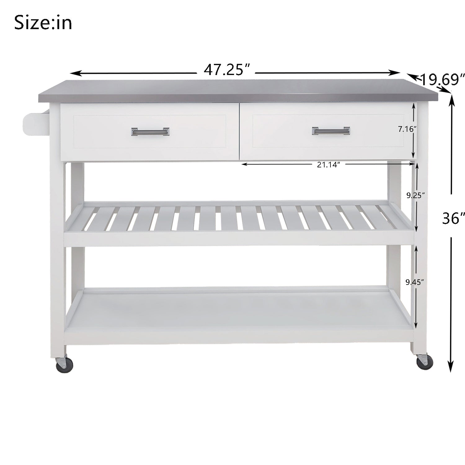 HAOYYE Kitchen Cart with Stainless Steel Tabletop, Two Drawers, and Storage Shelves, White, Sturdy Space-Saving Design, Heavy Duty Construction, Easy Assembly, Durable and Stylish Home Furniture