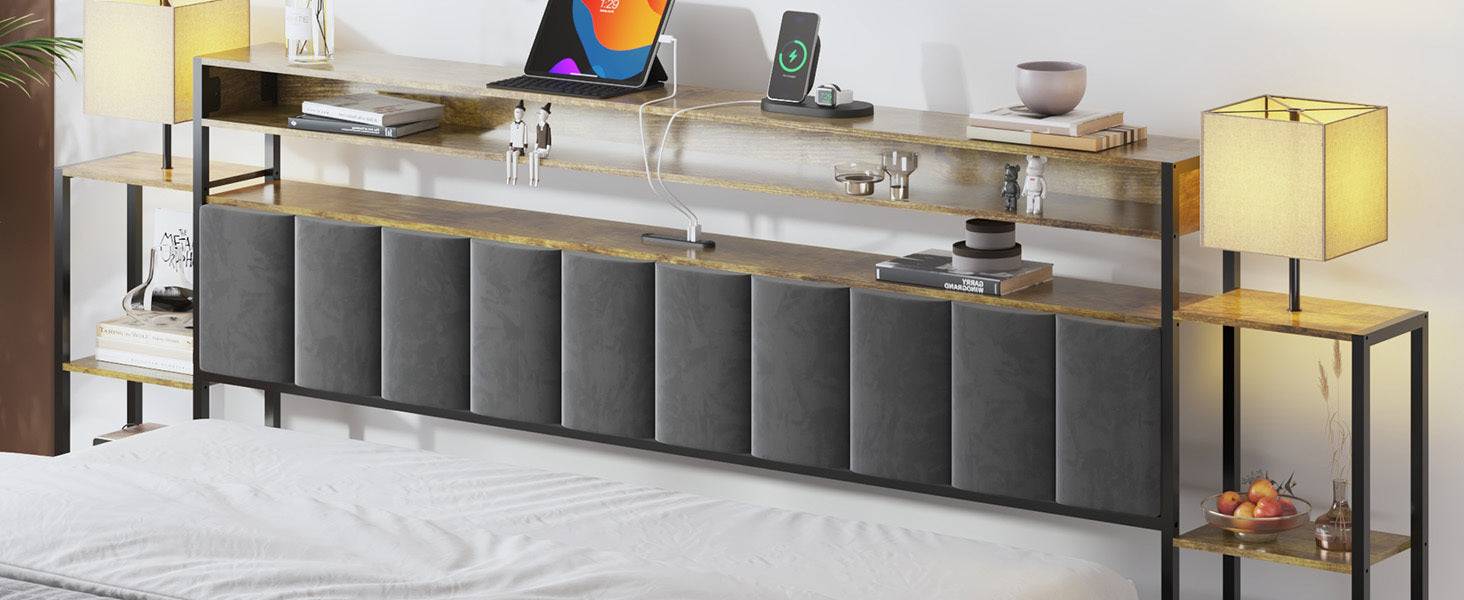 HAOYYE King Bed Frame with Storage, Platform Bed King Size with LED Lights and Charging Station, Dark gray velvet Headboard with Bookcase Shelves, No Box Spring Needed, Noise Free Sturdy Space-Saving